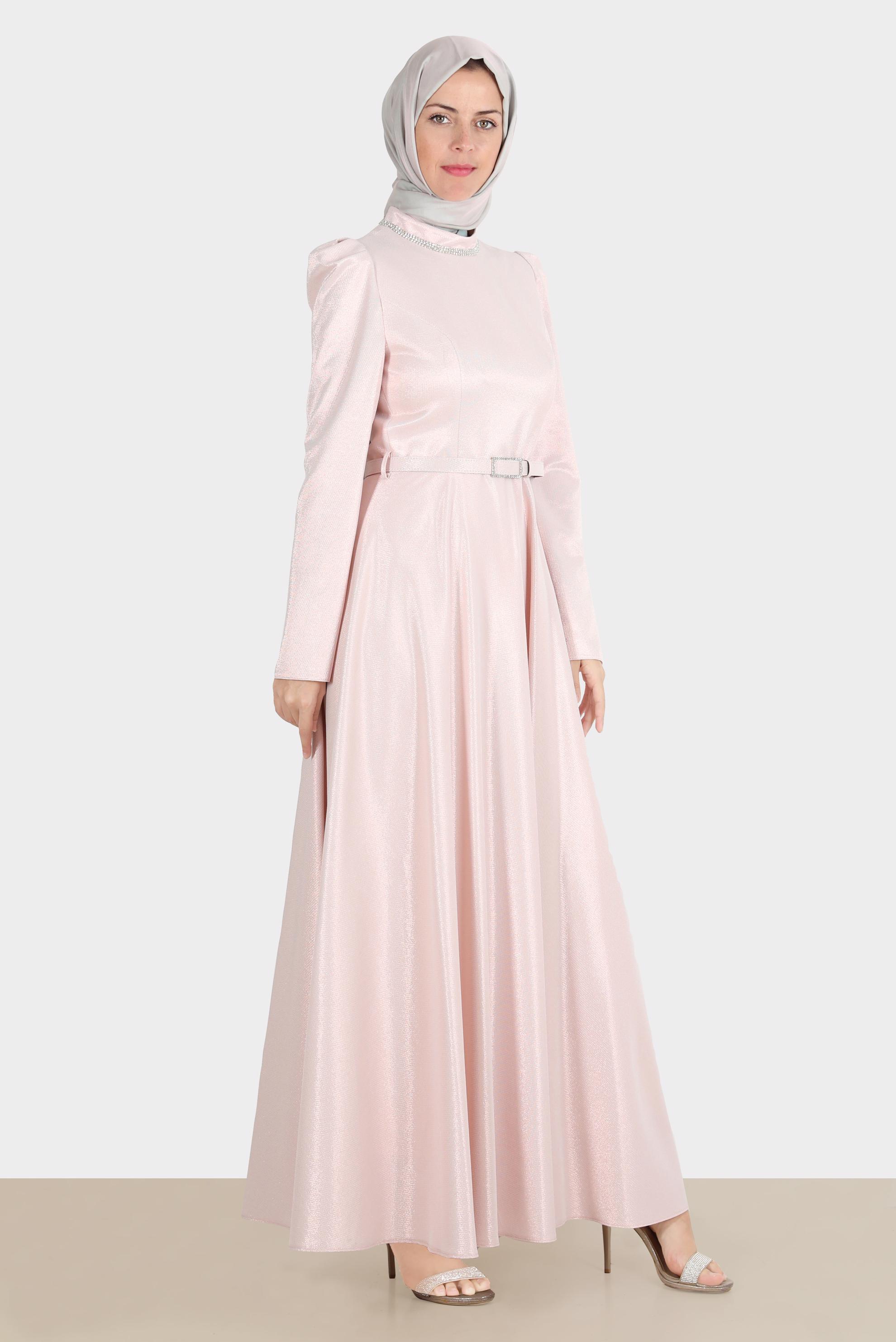 Tesettür giyim PUDRA KEMERLİ SİMLİ ELBİSE 42873 