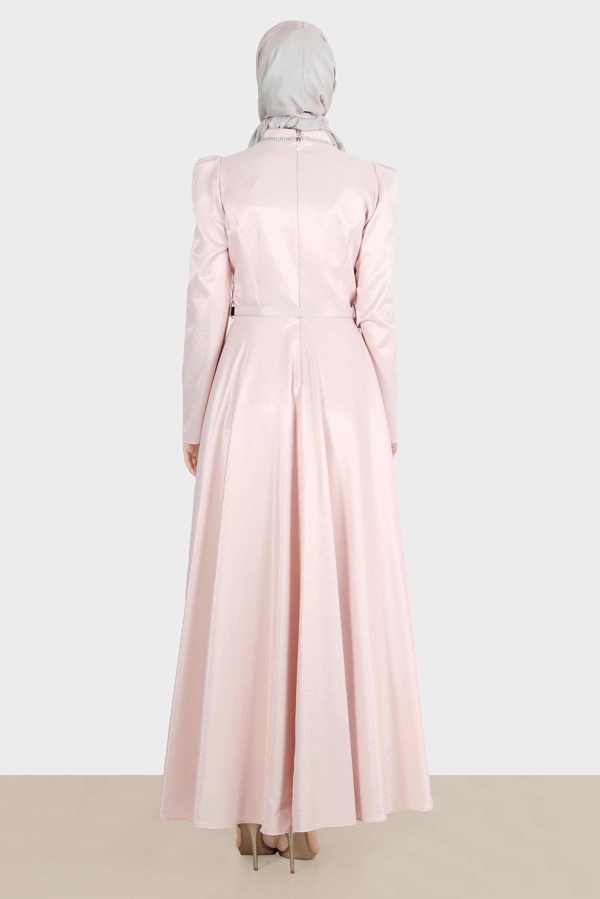 Tesettür giyim PUDRA KEMERLİ SİMLİ ELBİSE 42873 