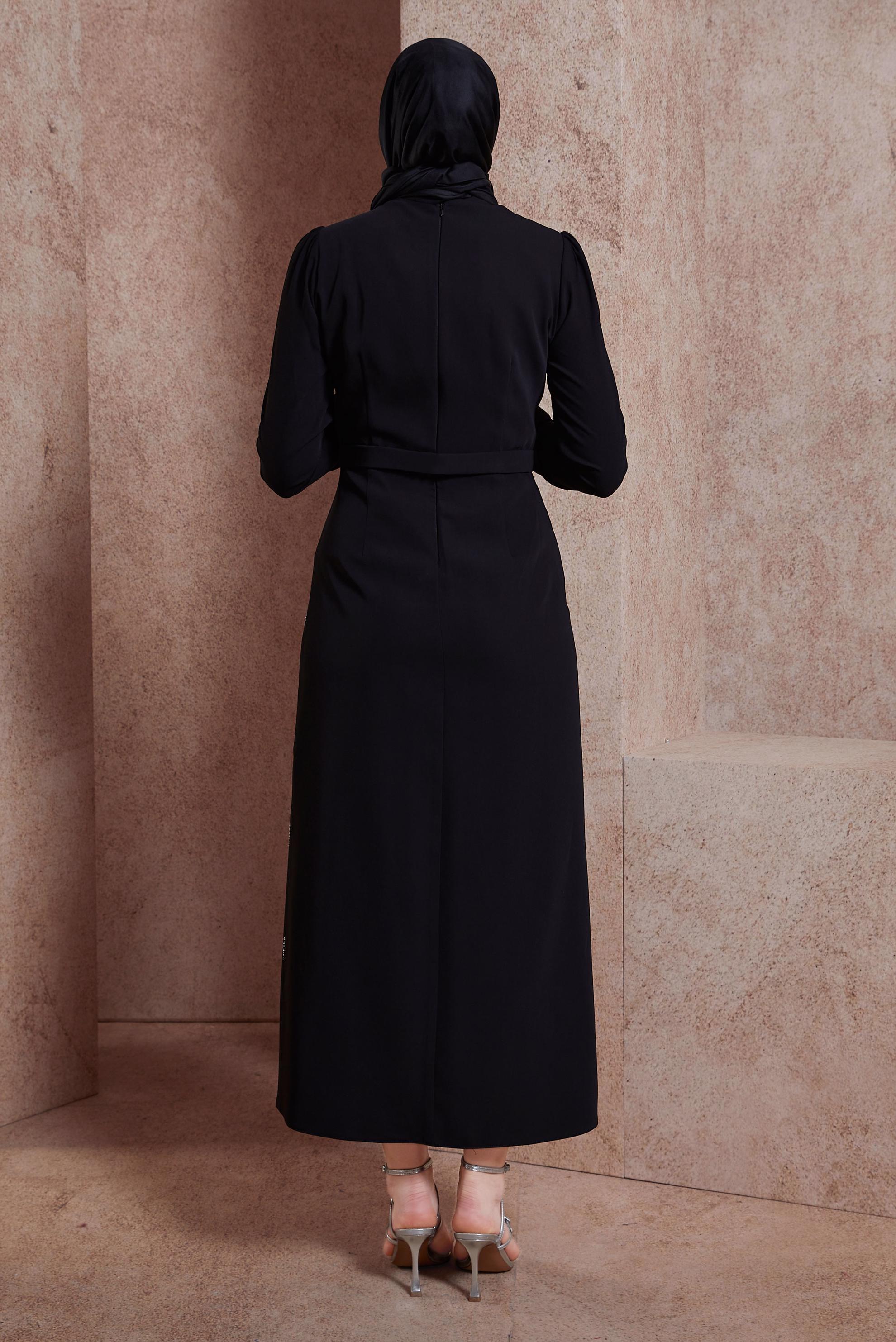 Tesettür giyim SİYAH TAŞ BASKILI ELBİSE 42886