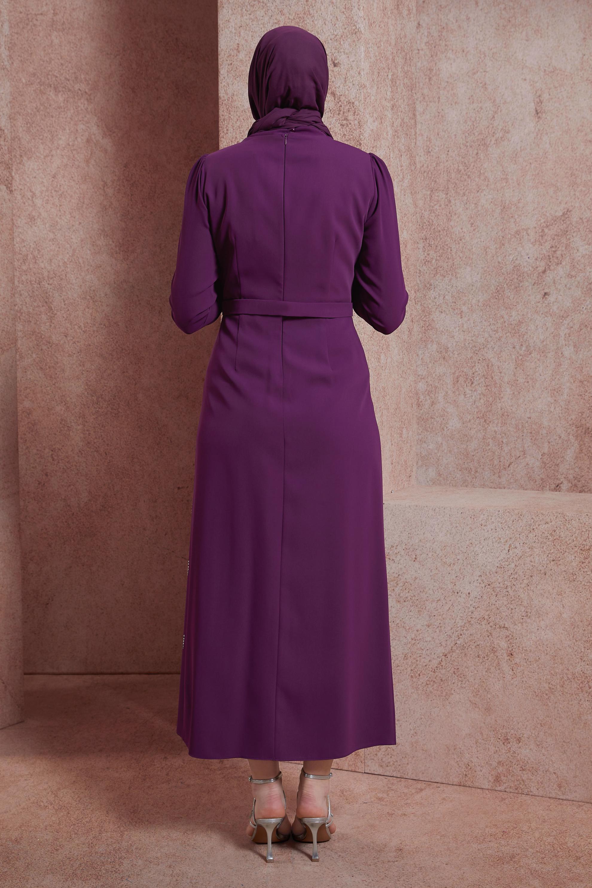 Tesettür giyim MOR TAŞ BASKILI ELBİSE 42886