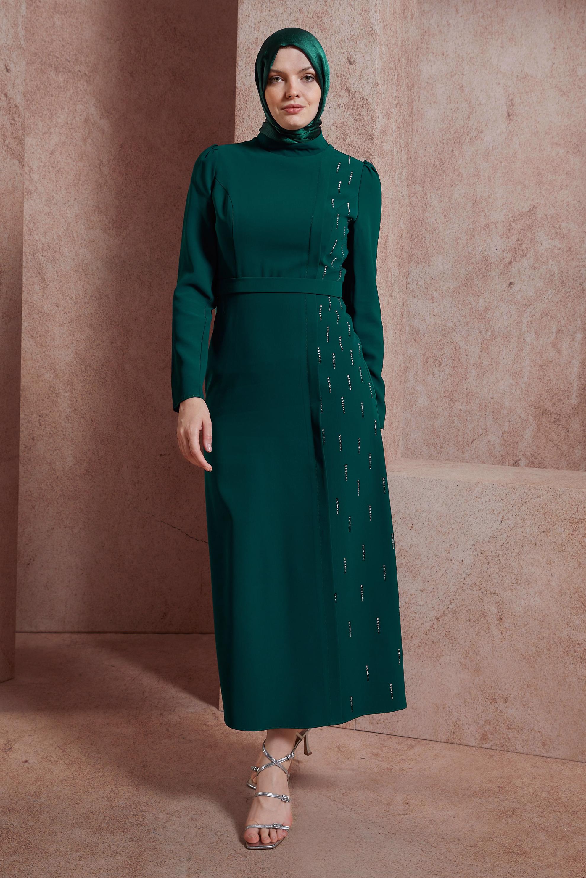 Tesettür giyim YEŞİL TAŞ BASKILI ELBİSE 42886