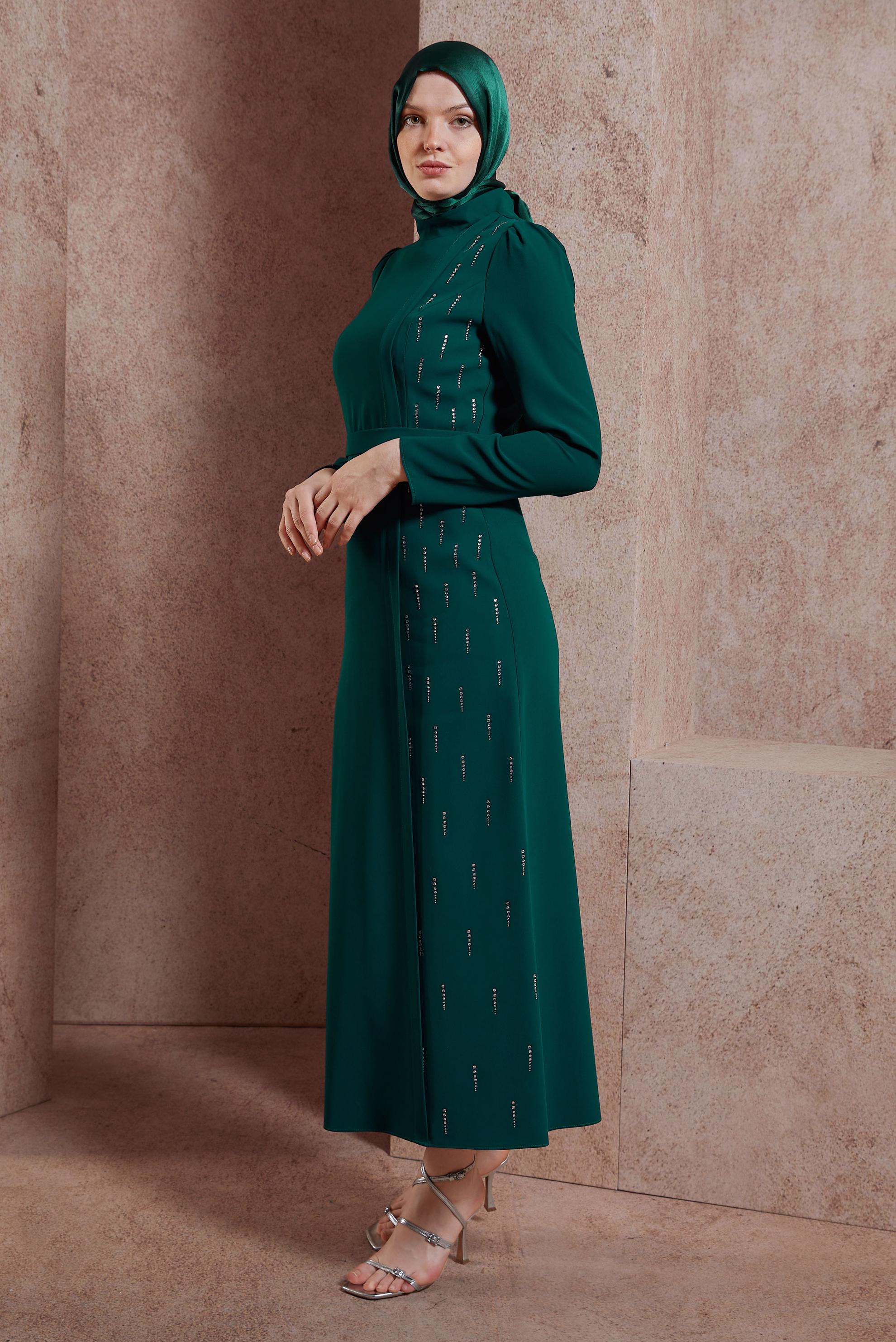 Tesettür giyim YEŞİL TAŞ BASKILI ELBİSE 42886