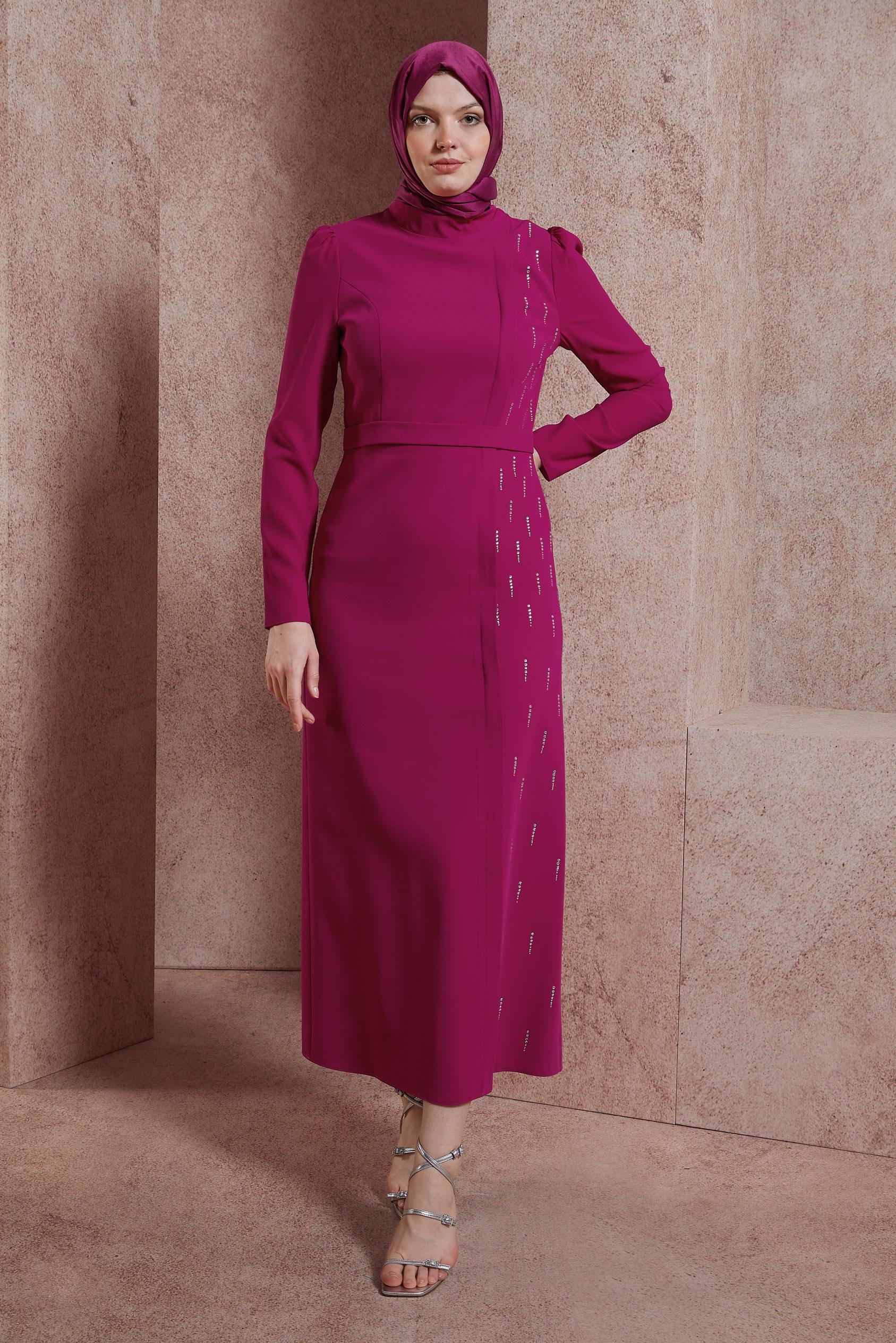 Tesettür giyim FUŞYA TAŞ BASKILI ELBİSE 42886