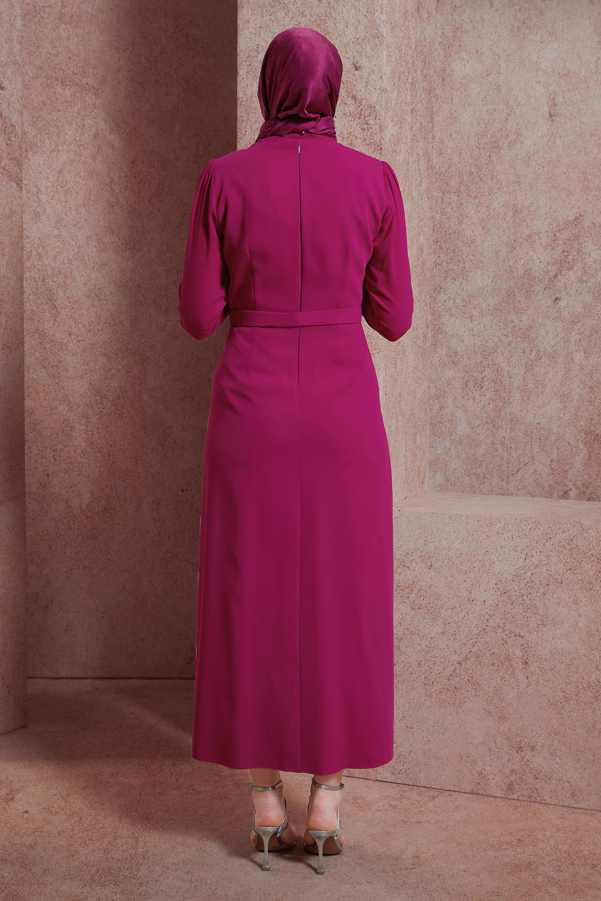 Tesettür giyim FUŞYA TAŞ BASKILI ELBİSE 42886