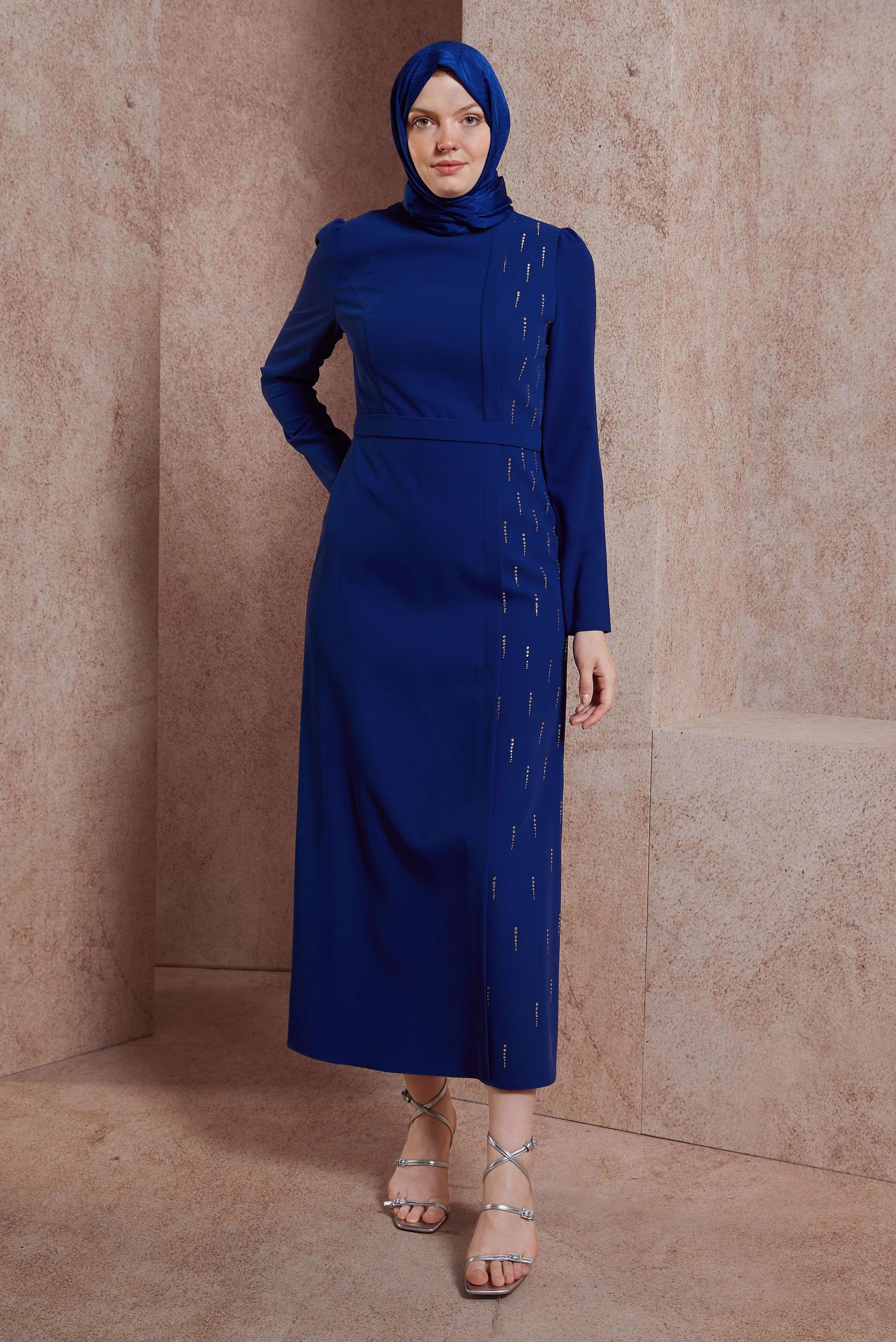 Tesettür giyim MAVİ TAŞ BASKILI ELBİSE 42886