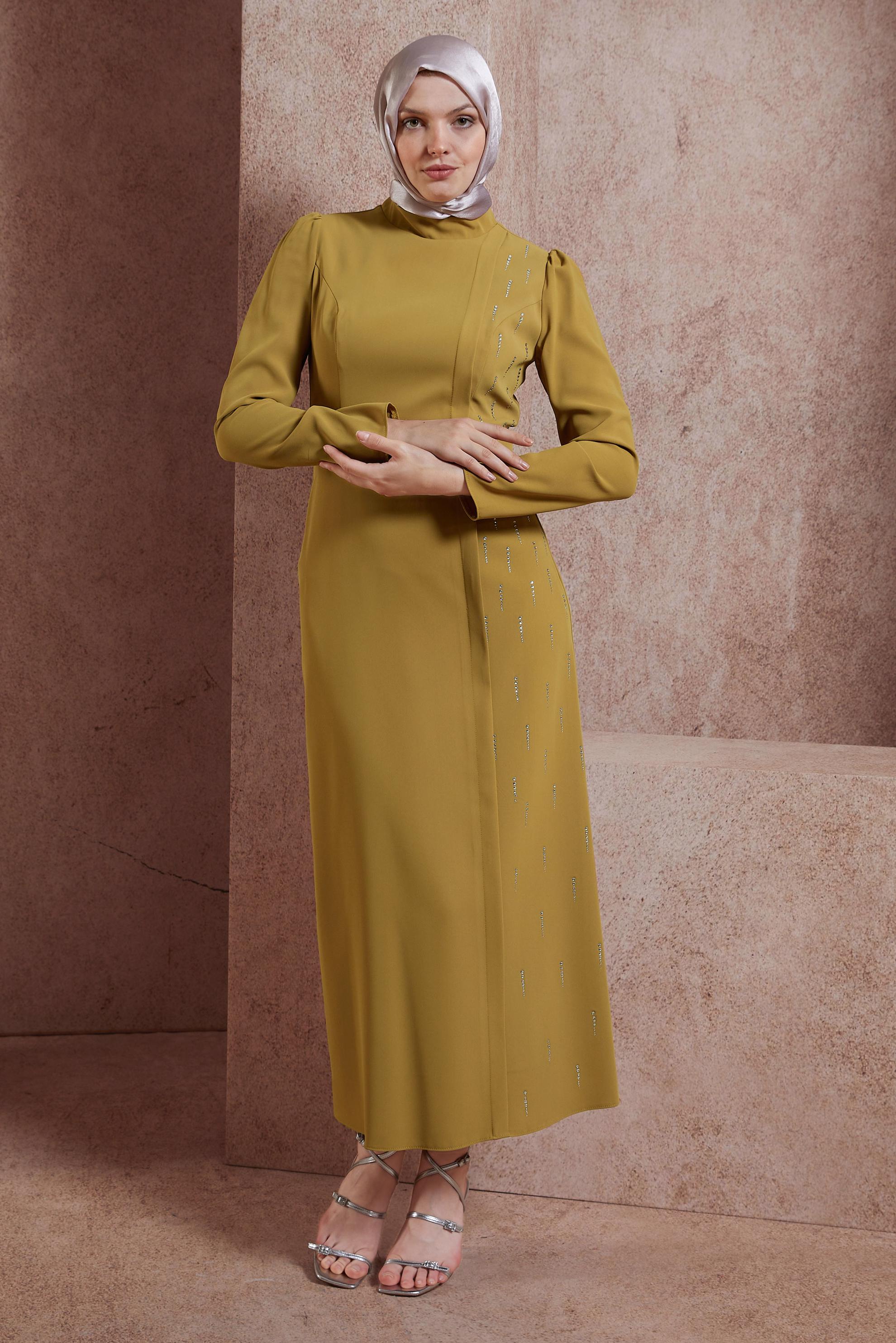 Tesettür giyim YEŞİL TAŞ BASKILI ELBİSE 42886