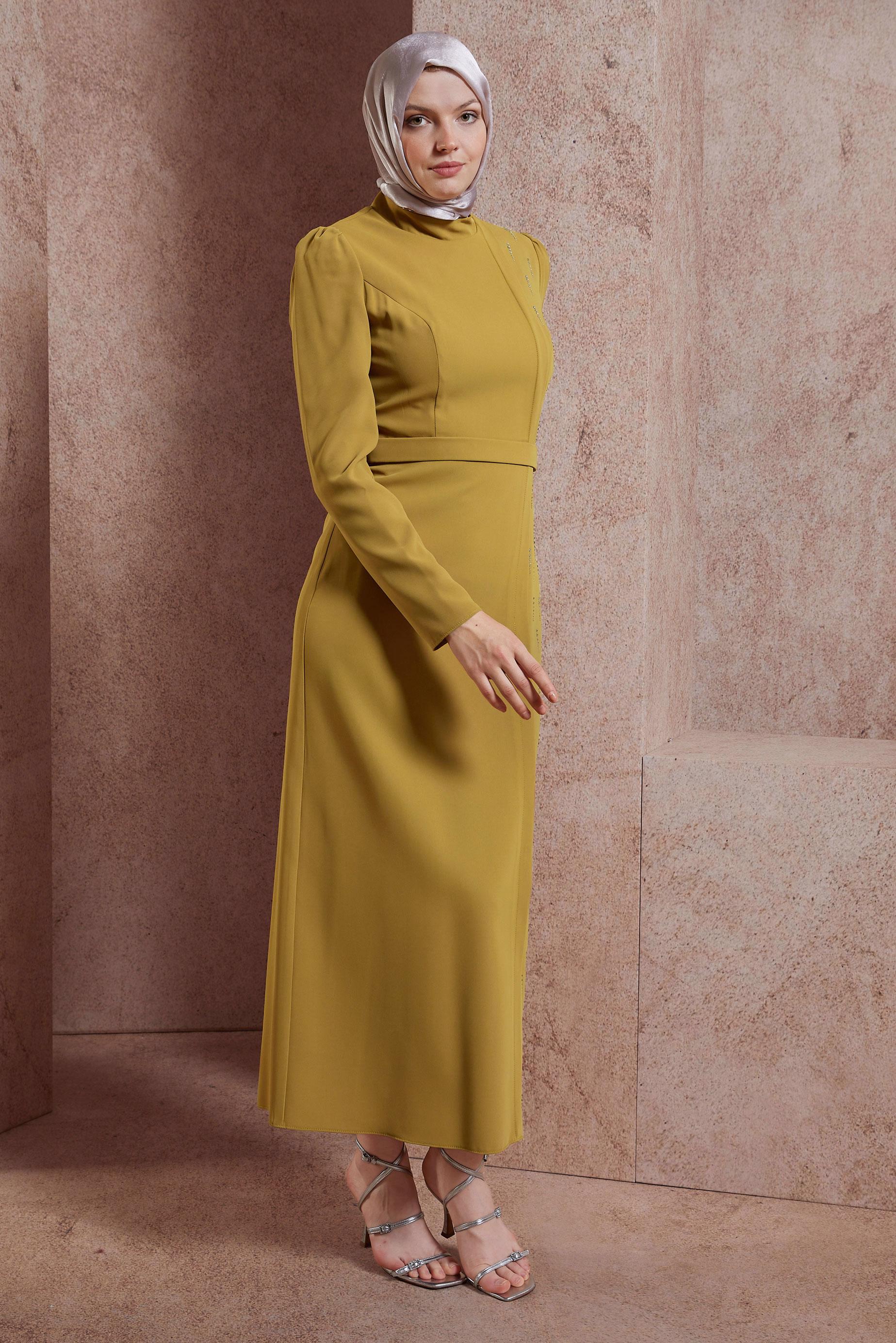 Tesettür giyim YEŞİL TAŞ BASKILI ELBİSE 42886