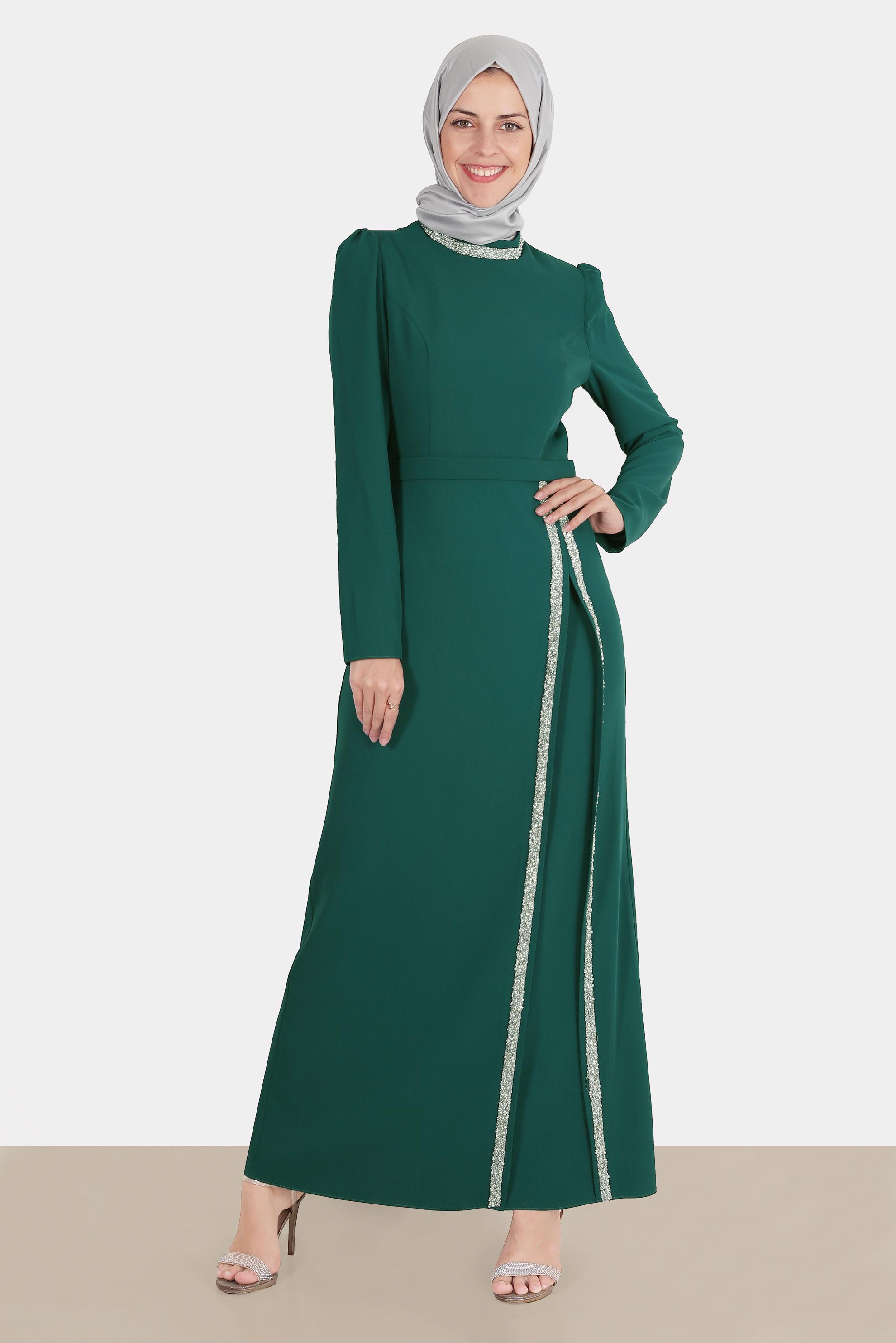 Tesettür giyim YEŞİL TAŞLI ELBİSE 42887
