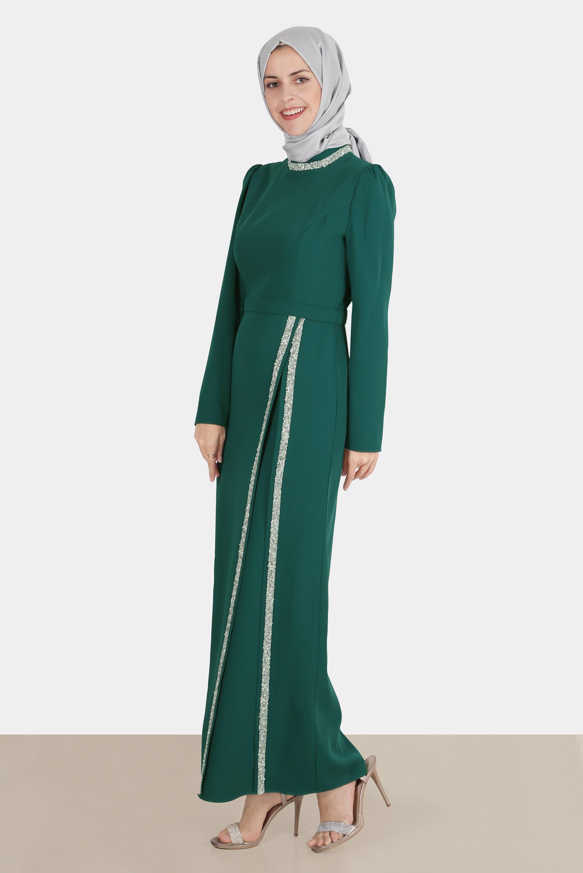 Tesettür giyim YEŞİL TAŞLI ELBİSE 42887