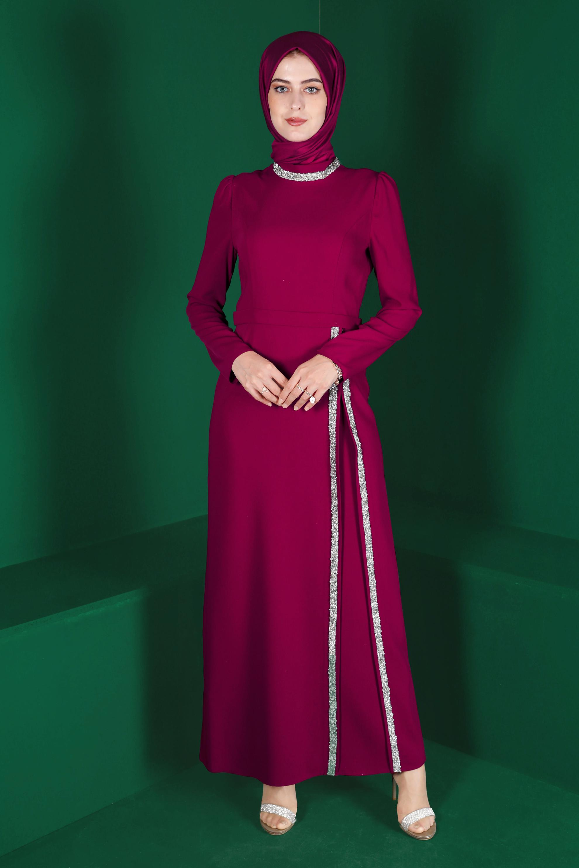 Tesettür giyim MOR TAŞLI ELBİSE 42887