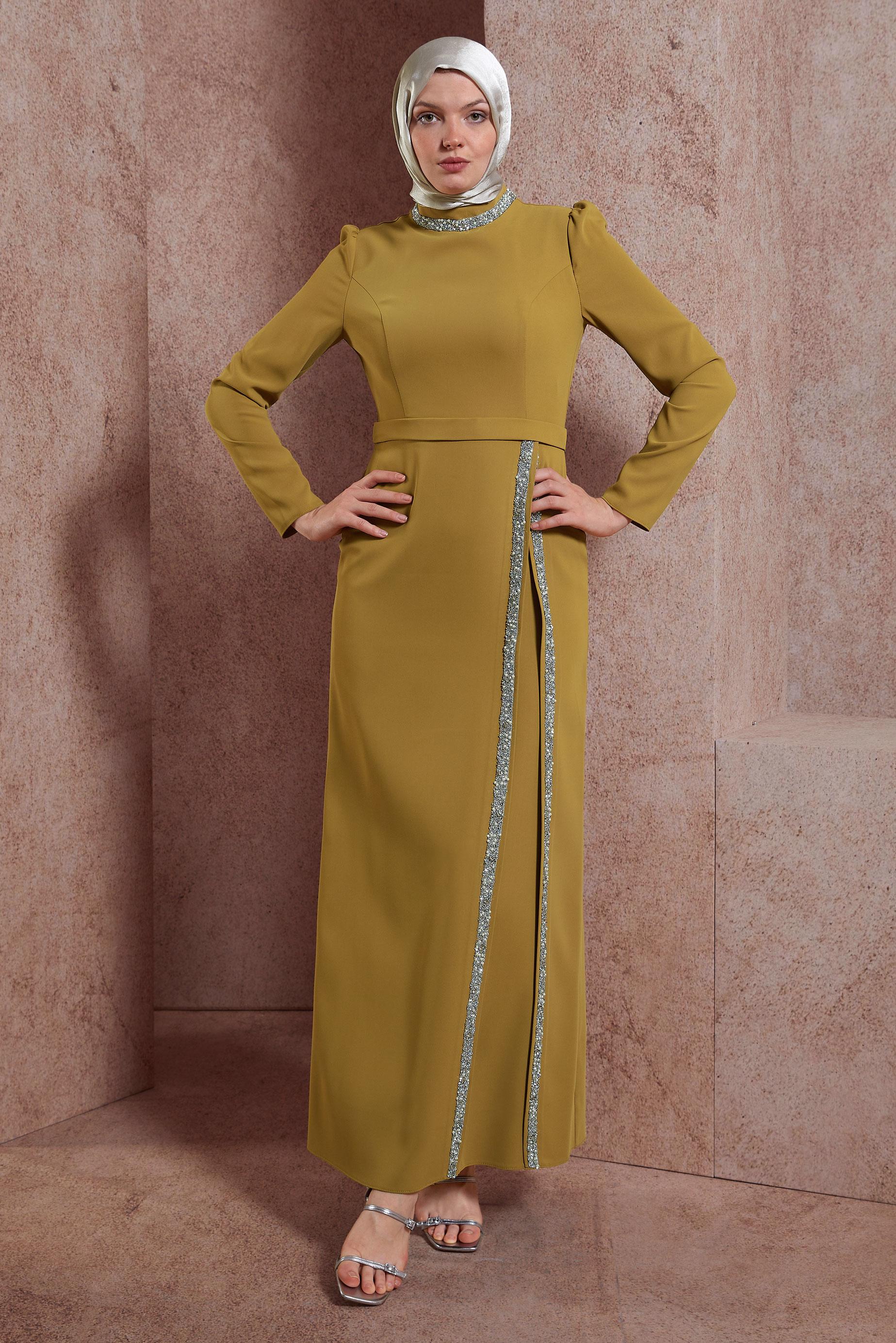 Tesettür giyim YEŞİL TAŞLI ELBİSE 42887