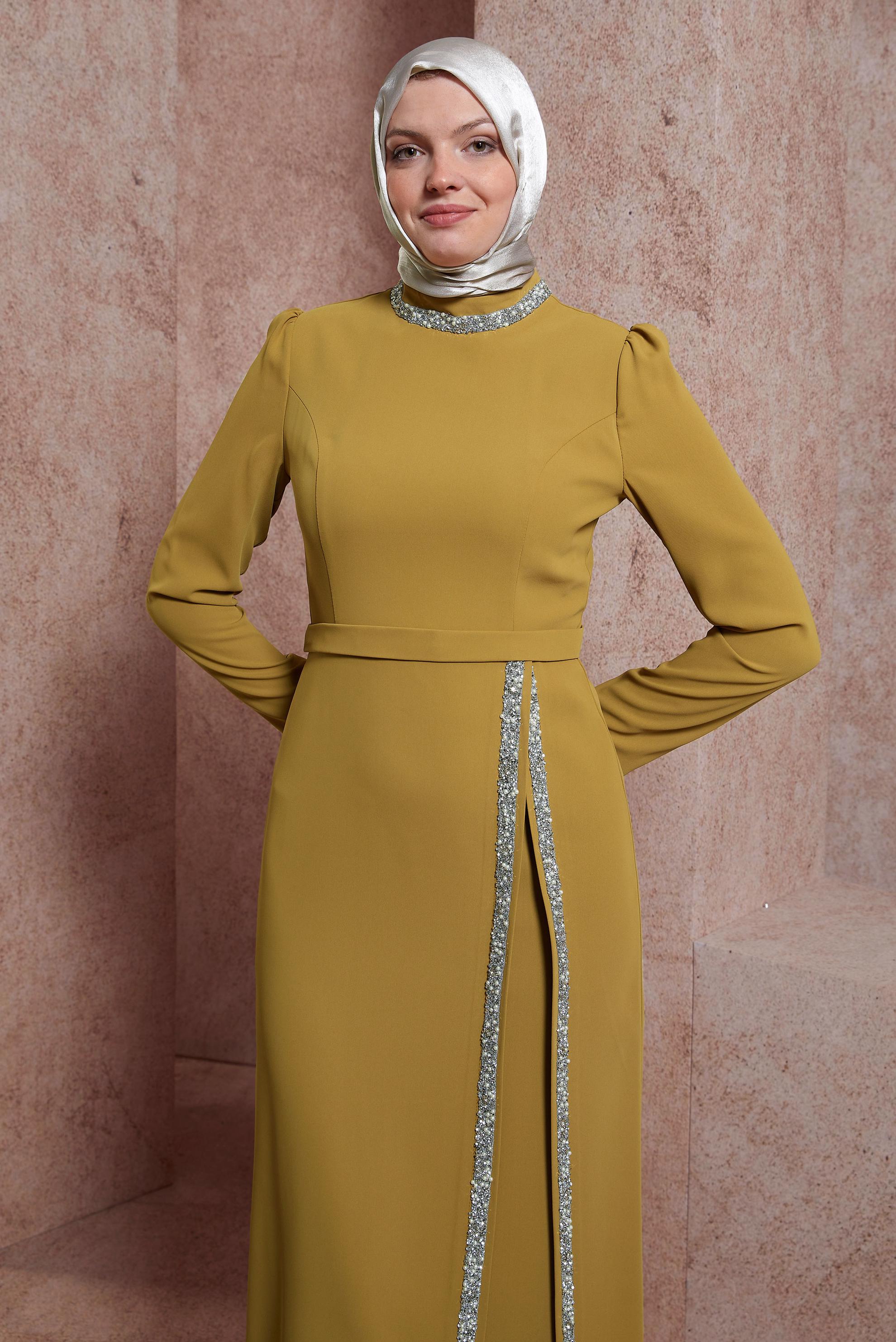 Tesettür giyim YEŞİL TAŞLI ELBİSE 42887