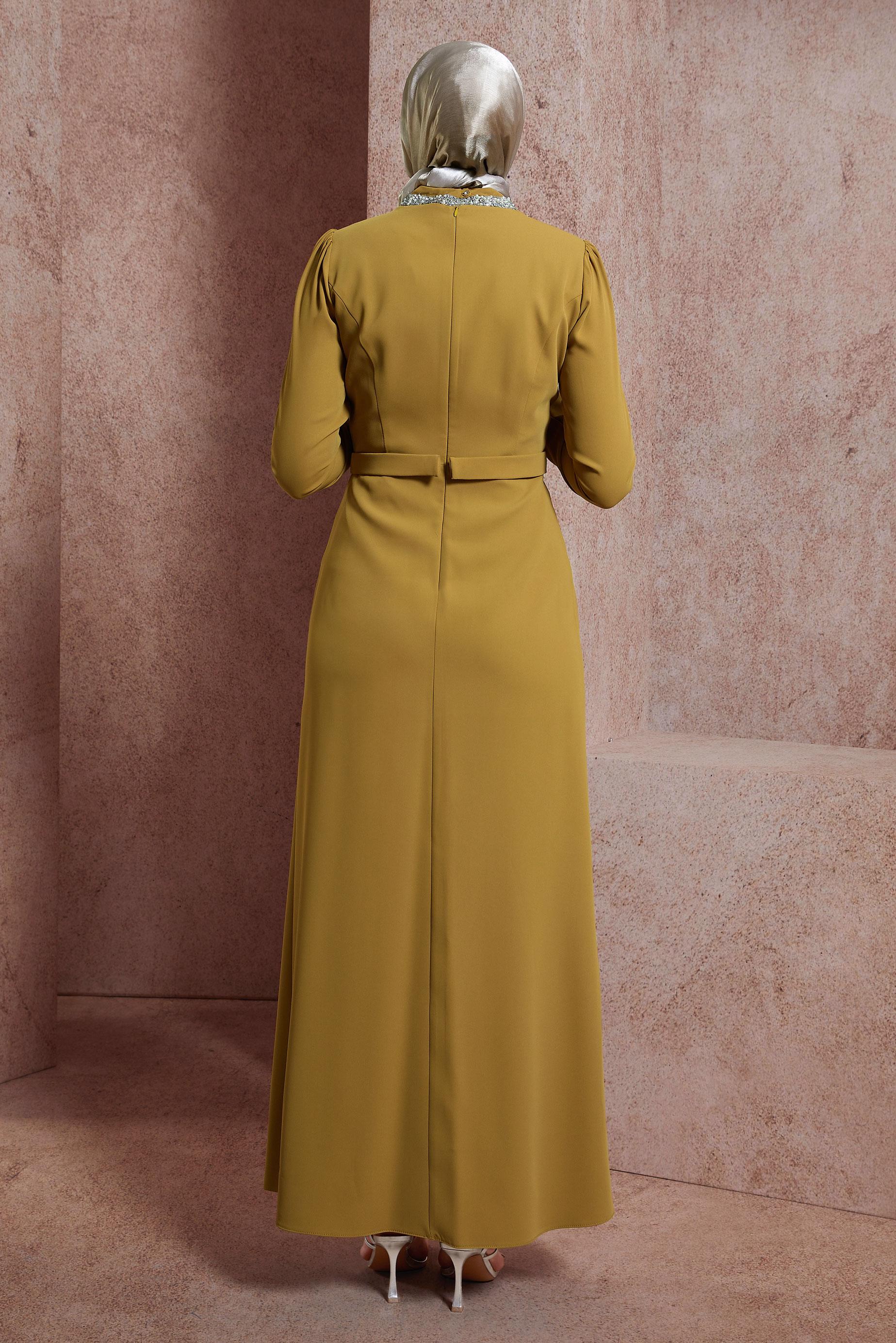 Tesettür giyim YEŞİL TAŞLI ELBİSE 42887