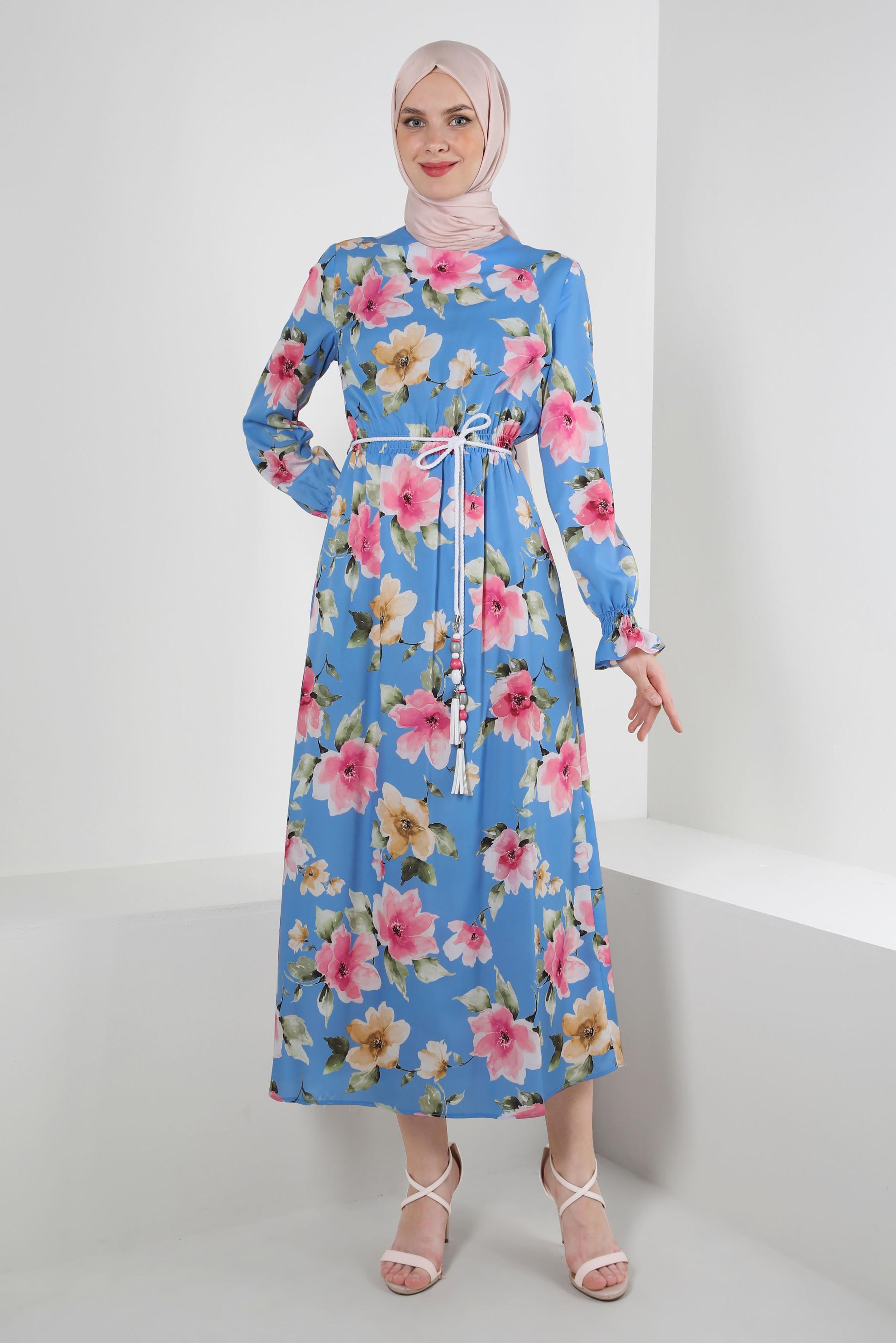 Tesettür giyim MAVİ ÇİÇEK DESENLİ MANŞETLERİ LASTİKLİ KREP ELBİSE 42889