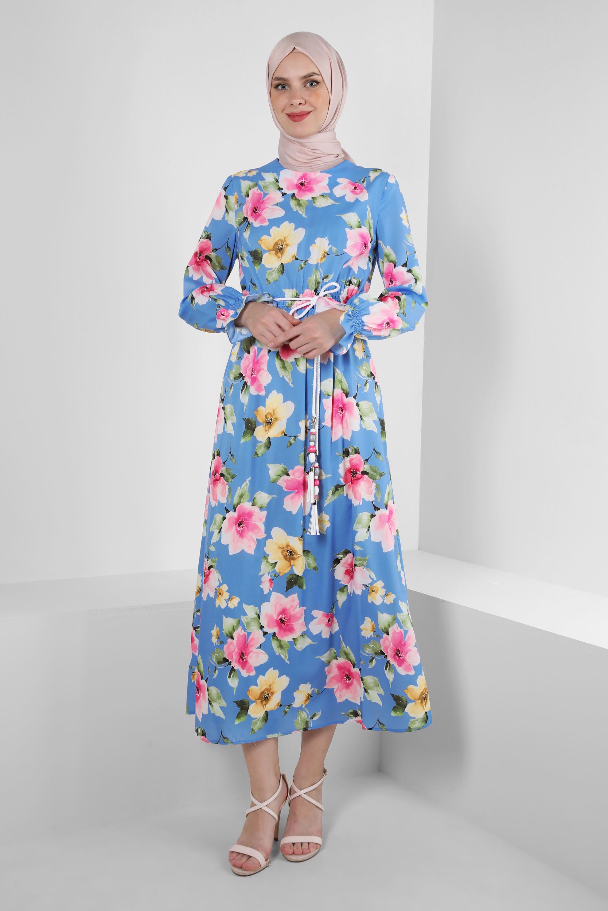 Tesettür giyim MAVİ ÇİÇEK DESENLİ MANŞETLERİ LASTİKLİ KREP ELBİSE 42889