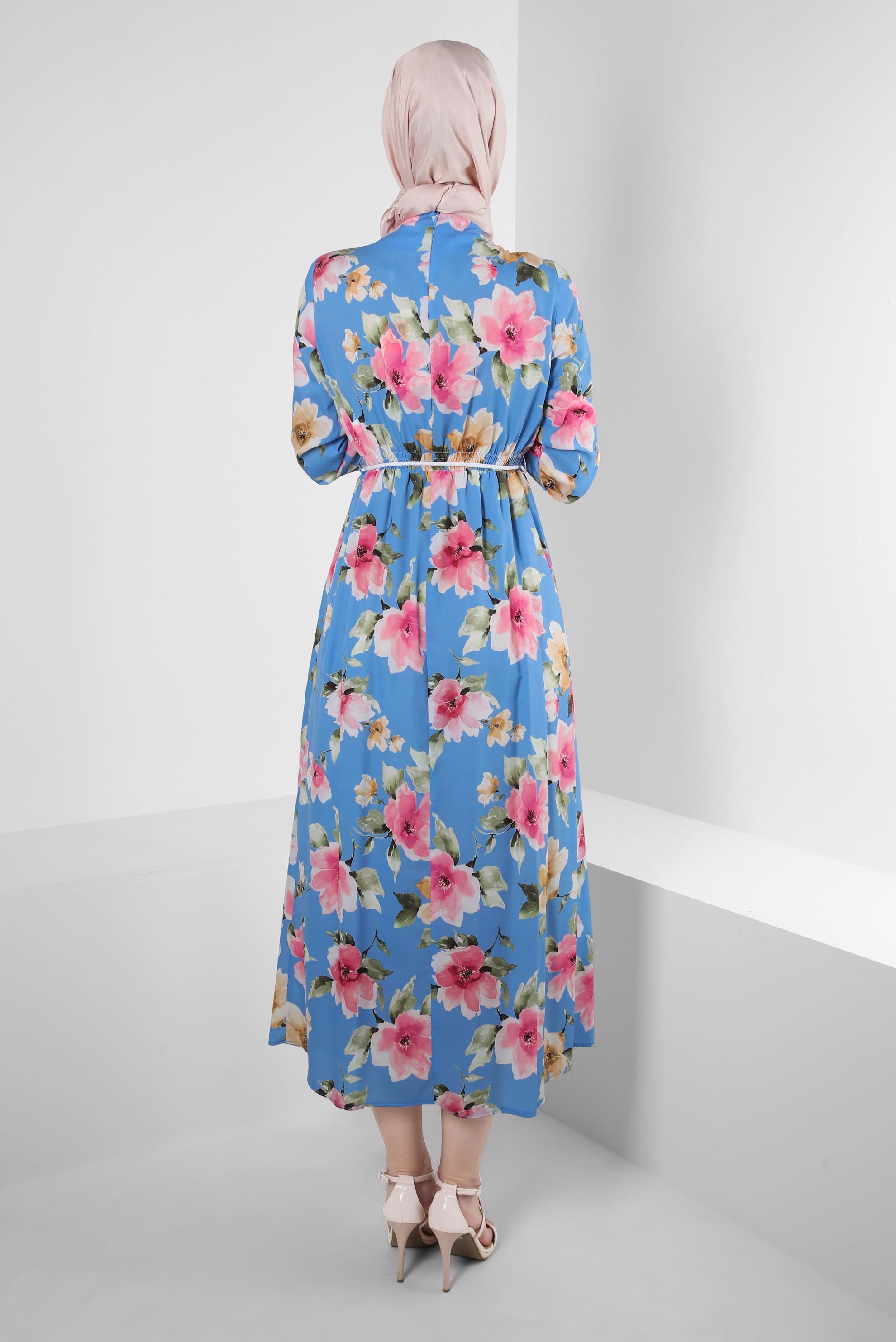 Tesettür giyim MAVİ ÇİÇEK DESENLİ MANŞETLERİ LASTİKLİ KREP ELBİSE 42889