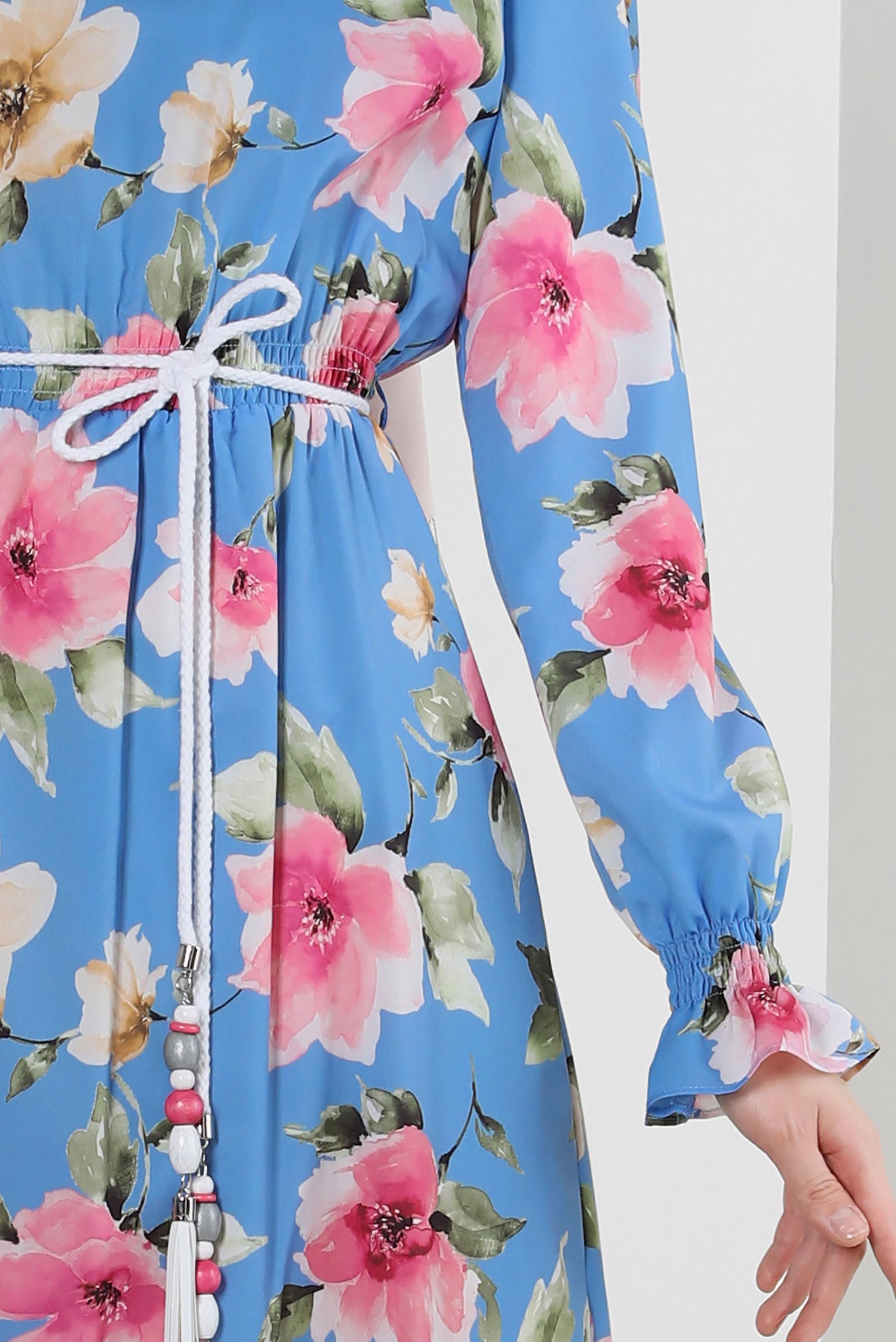 Tesettür giyim MAVİ ÇİÇEK DESENLİ MANŞETLERİ LASTİKLİ KREP ELBİSE 42889