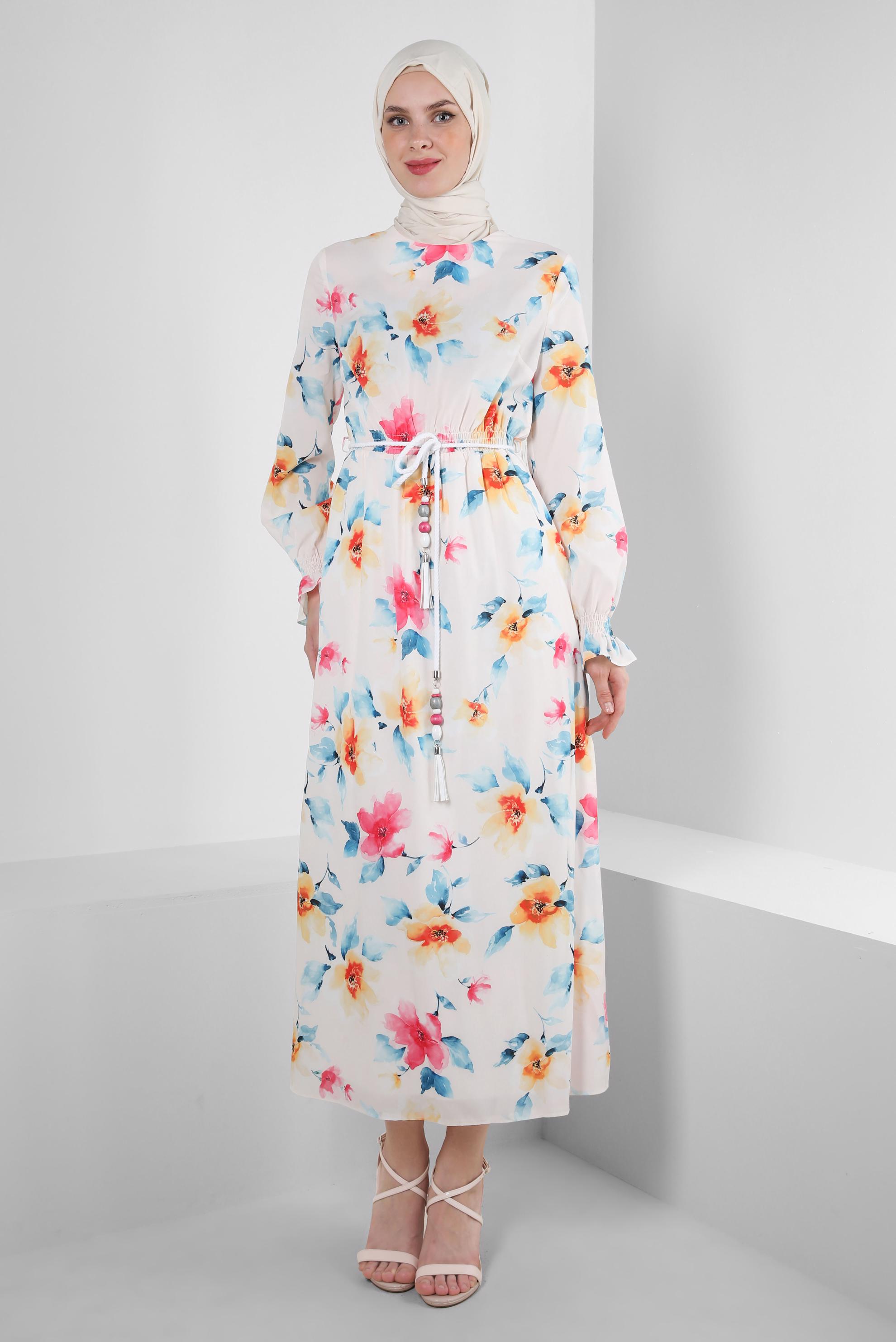 Tesettür giyim BEJ ÇİÇEK DESENLİ MANŞETLERİ LASTİKLİ KREP ELBİSE 42889