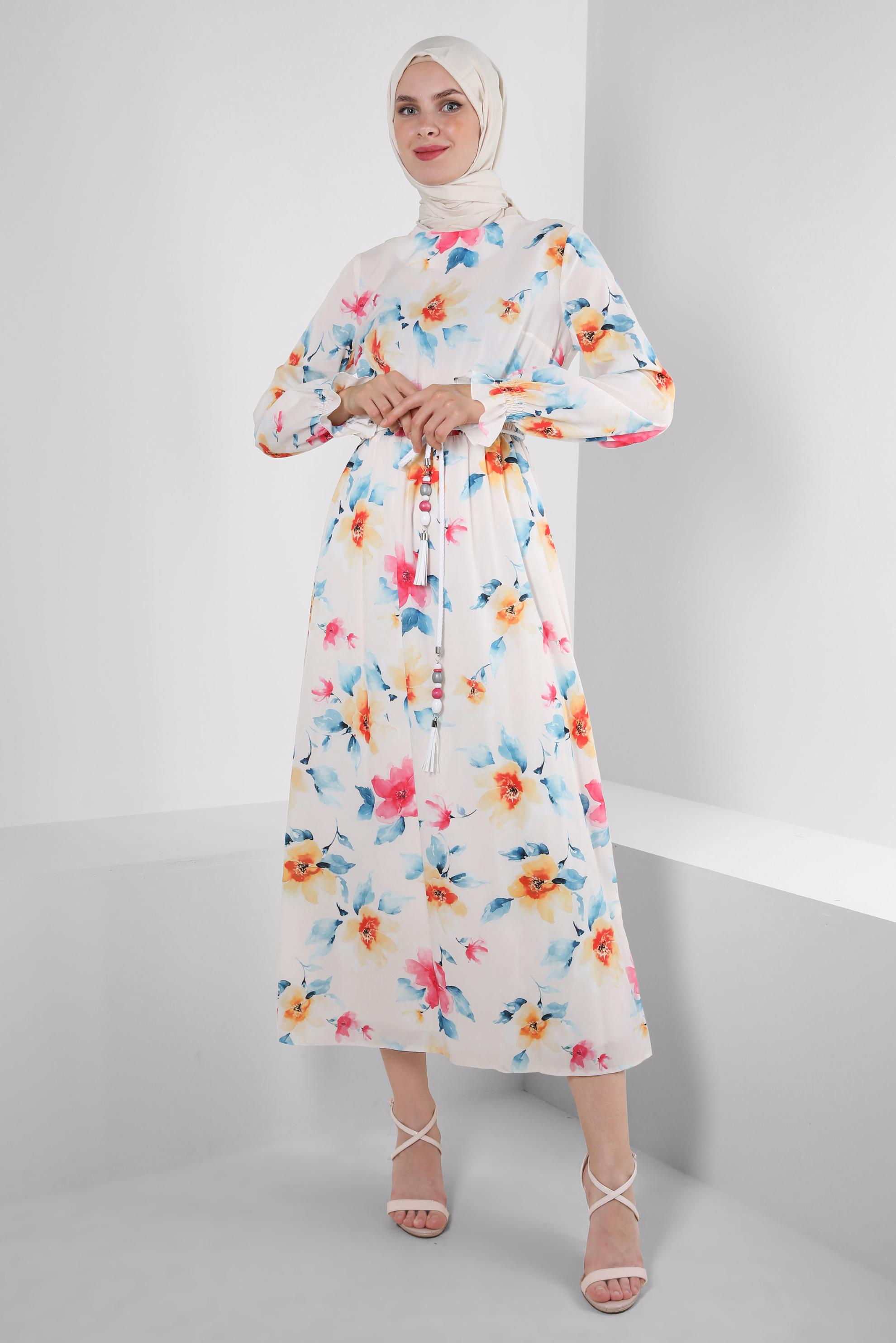 Tesettür giyim BEJ ÇİÇEK DESENLİ MANŞETLERİ LASTİKLİ KREP ELBİSE 42889