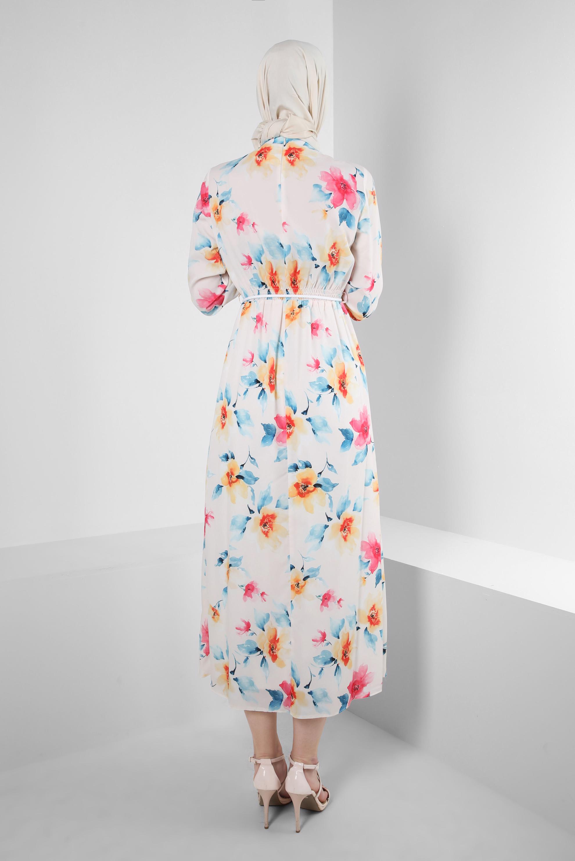 Tesettür giyim BEJ ÇİÇEK DESENLİ MANŞETLERİ LASTİKLİ KREP ELBİSE 42889