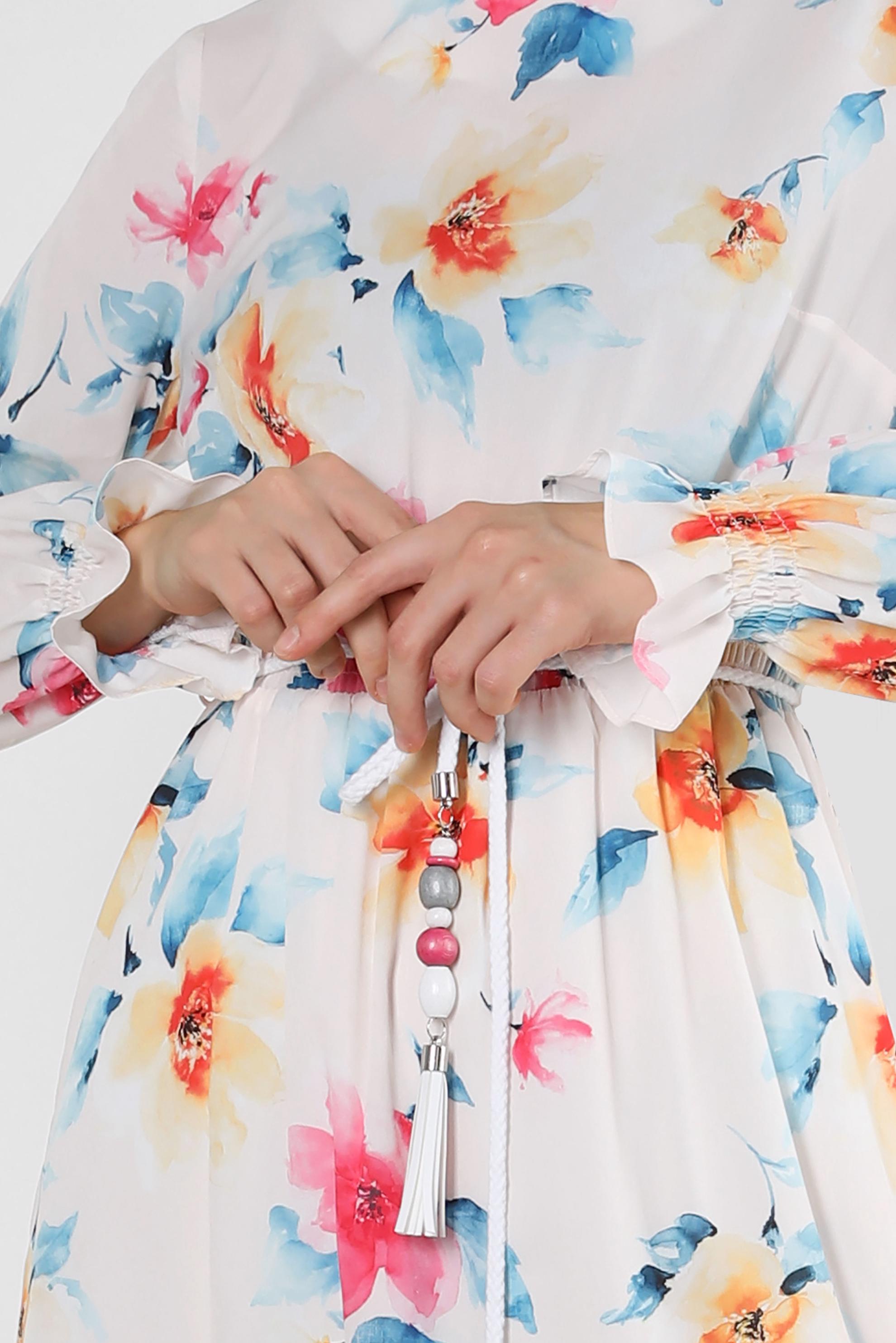 Tesettür giyim BEJ ÇİÇEK DESENLİ MANŞETLERİ LASTİKLİ KREP ELBİSE 42889