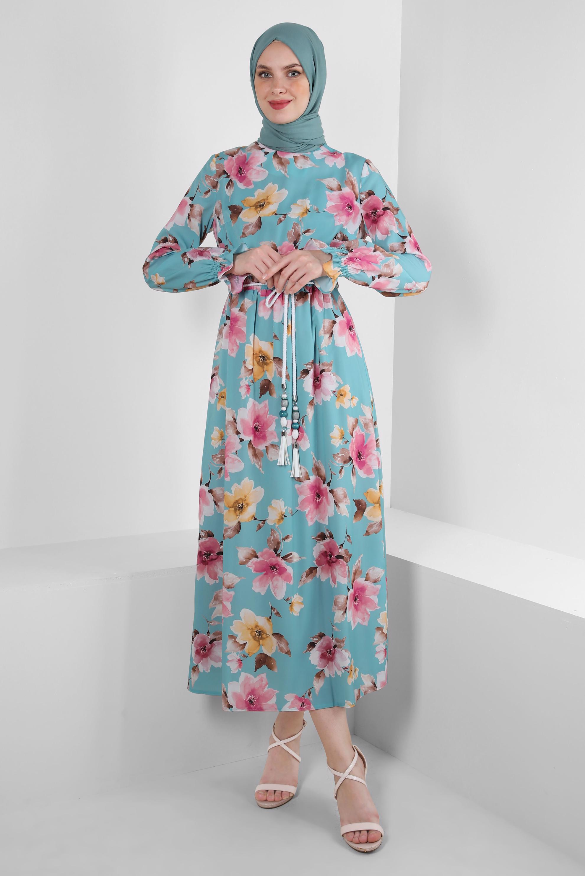 Tesettür giyim MAVİ ÇİÇEK DESENLİ MANŞETLERİ LASTİKLİ KREP ELBİSE 42889