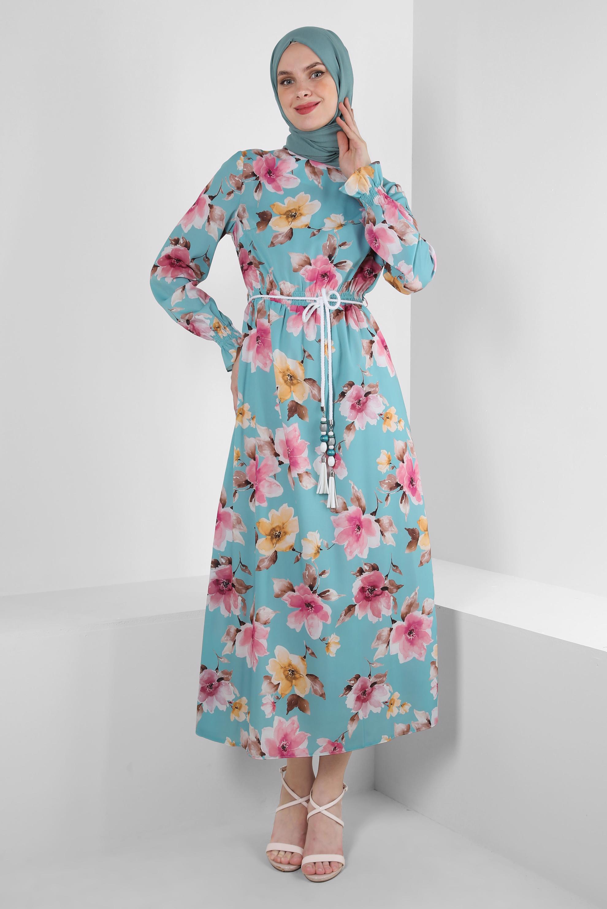 Tesettür giyim MAVİ ÇİÇEK DESENLİ MANŞETLERİ LASTİKLİ KREP ELBİSE 42889