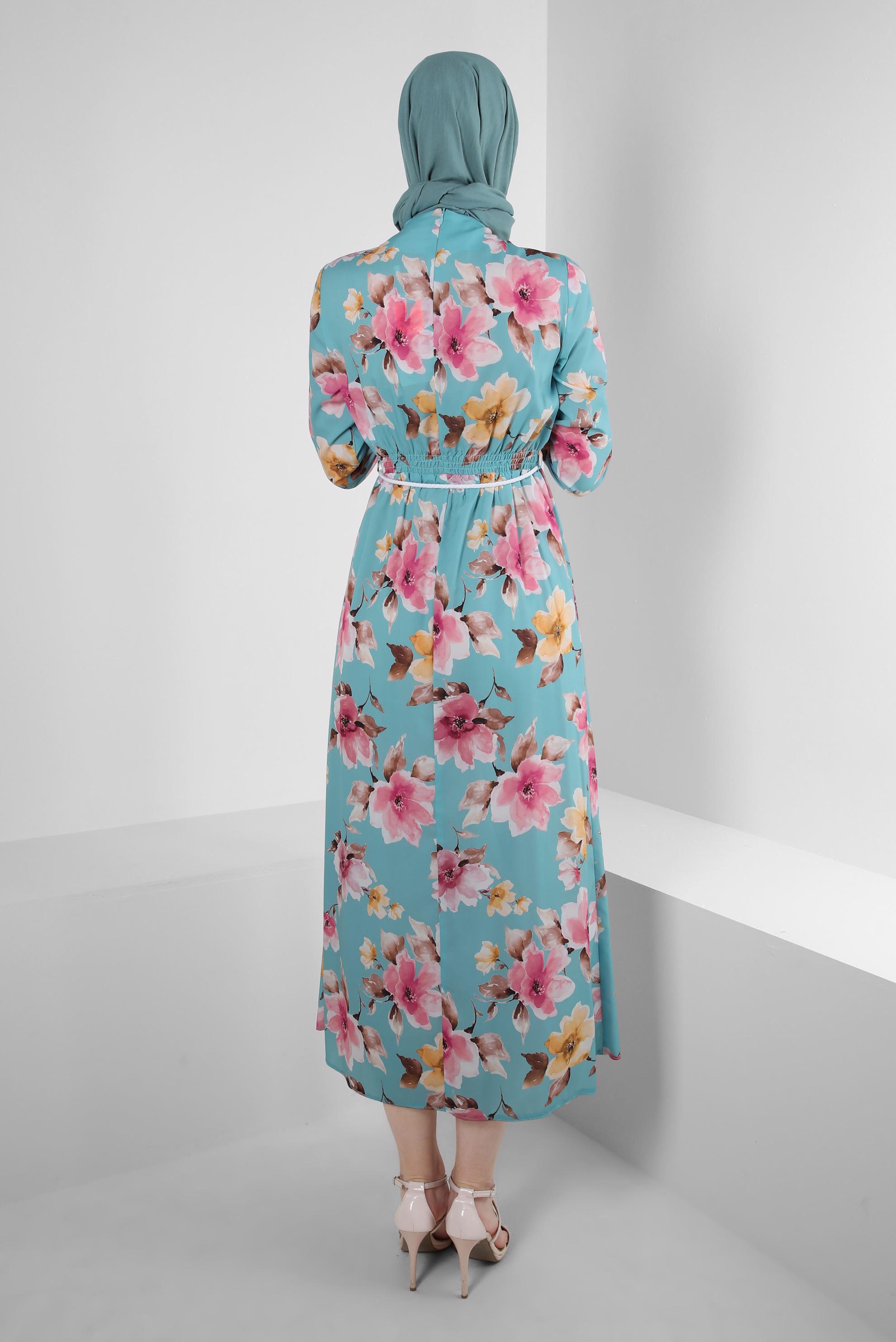 Tesettür giyim MAVİ ÇİÇEK DESENLİ MANŞETLERİ LASTİKLİ KREP ELBİSE 42889