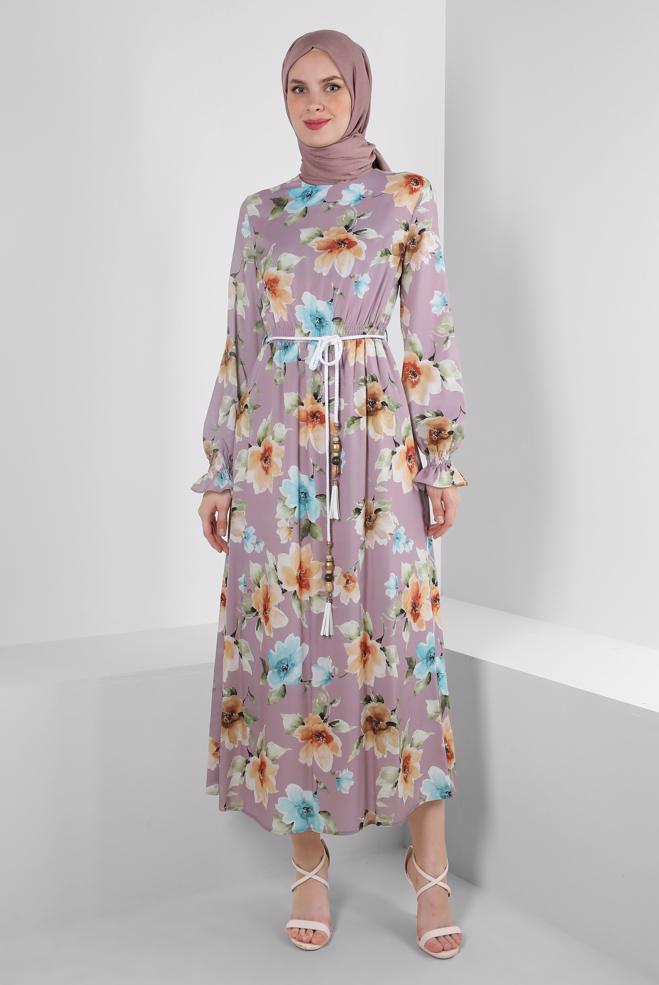 Tesettür giyim PEMBE ÇİÇEK DESENLİ MANŞETLERİ LASTİKLİ KREP ELBİSE 42889 - ALVİNA