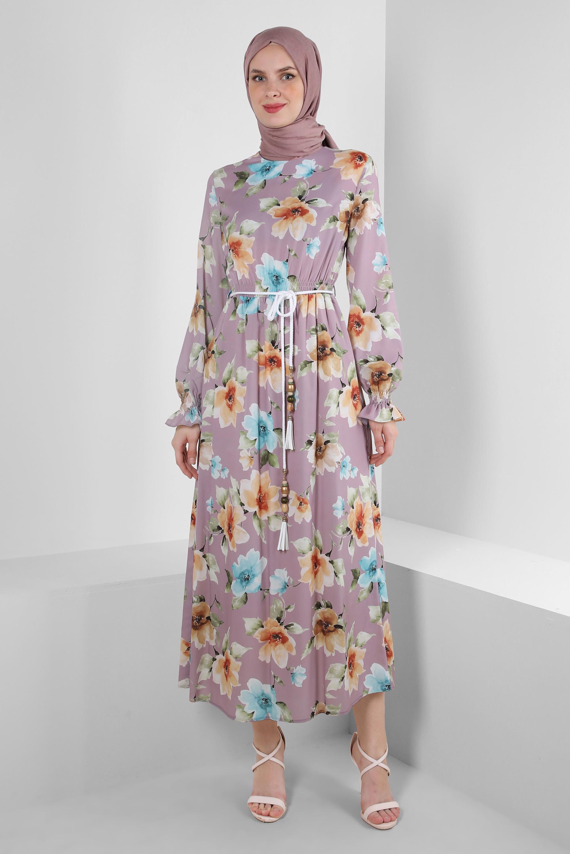 Tesettür giyim PEMBE ÇİÇEK DESENLİ MANŞETLERİ LASTİKLİ KREP ELBİSE 42889