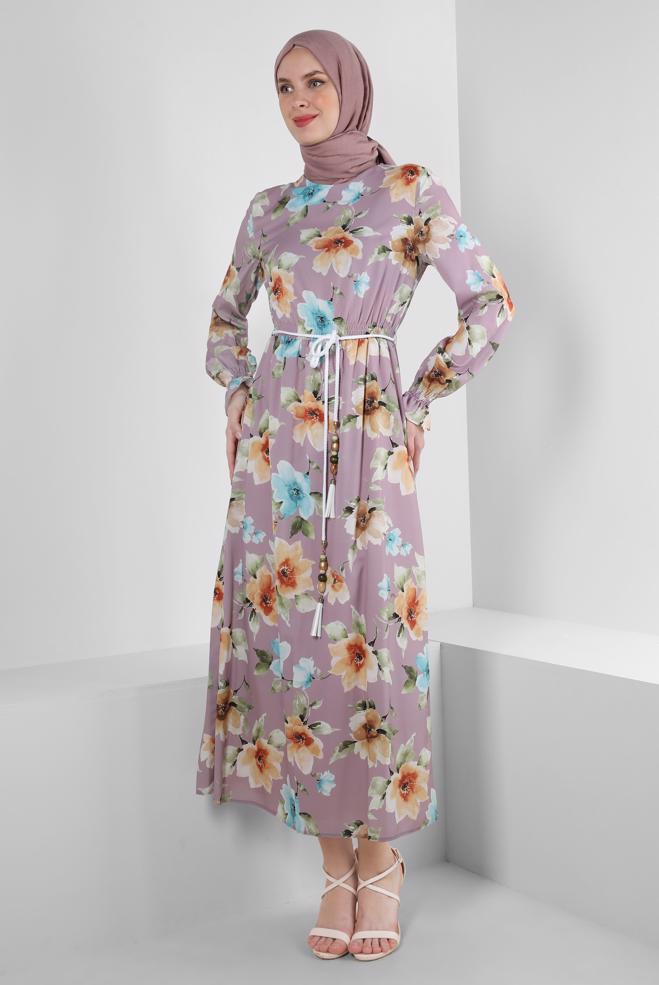 Tesettür giyim PEMBE ÇİÇEK DESENLİ MANŞETLERİ LASTİKLİ KREP ELBİSE 42889 - ALVİNA
