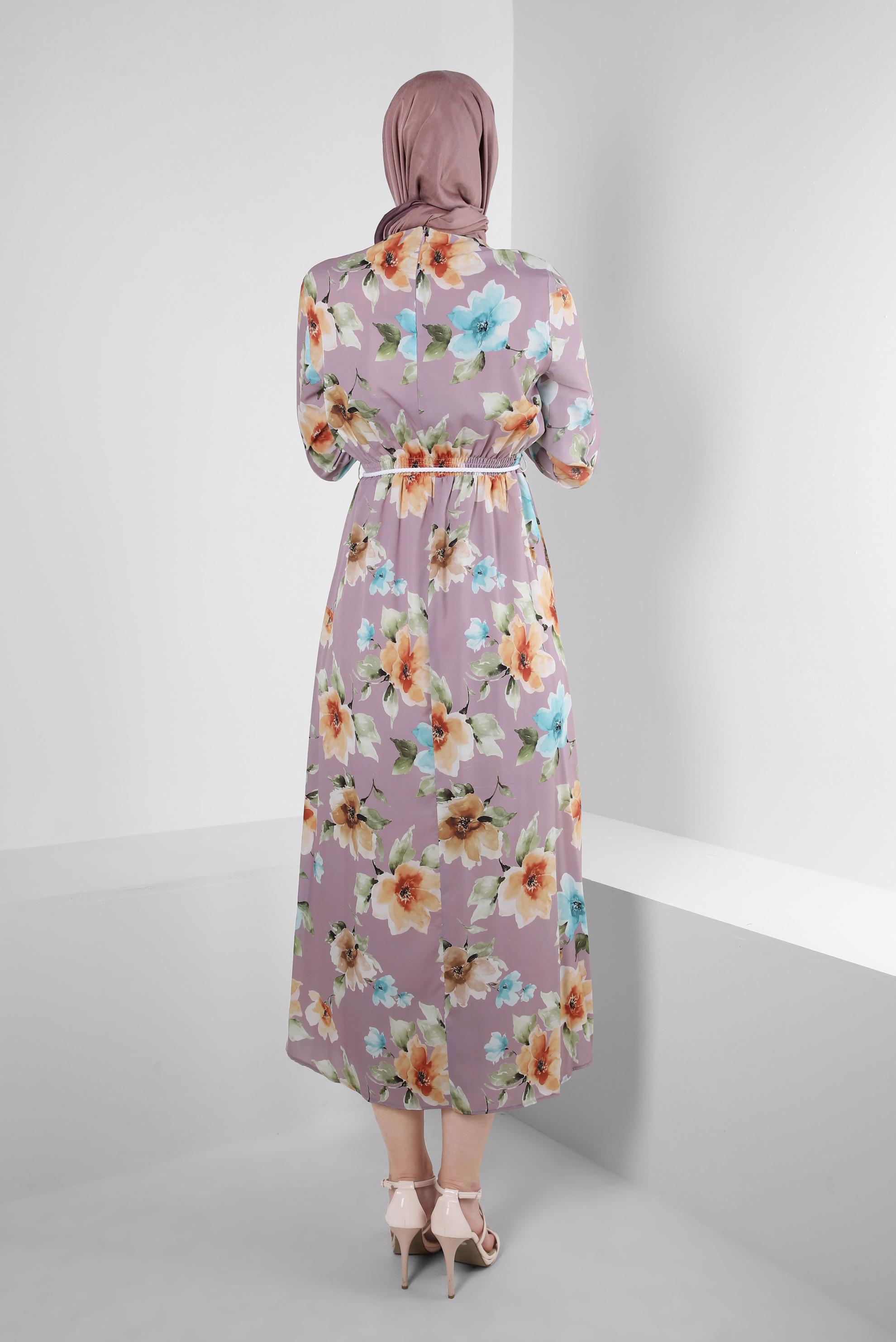 Tesettür giyim PEMBE ÇİÇEK DESENLİ MANŞETLERİ LASTİKLİ KREP ELBİSE 42889