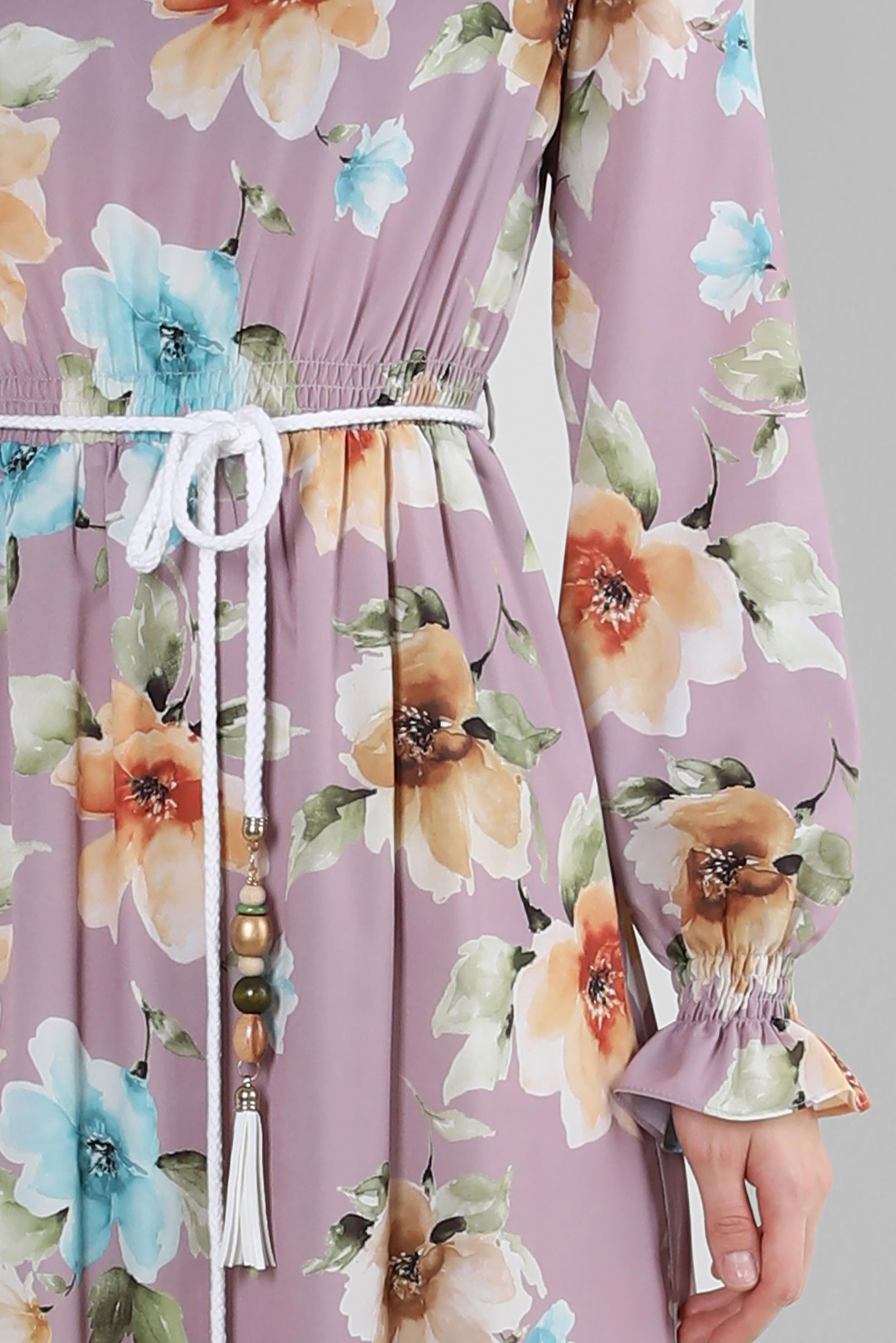 Tesettür giyim PEMBE ÇİÇEK DESENLİ MANŞETLERİ LASTİKLİ KREP ELBİSE 42889