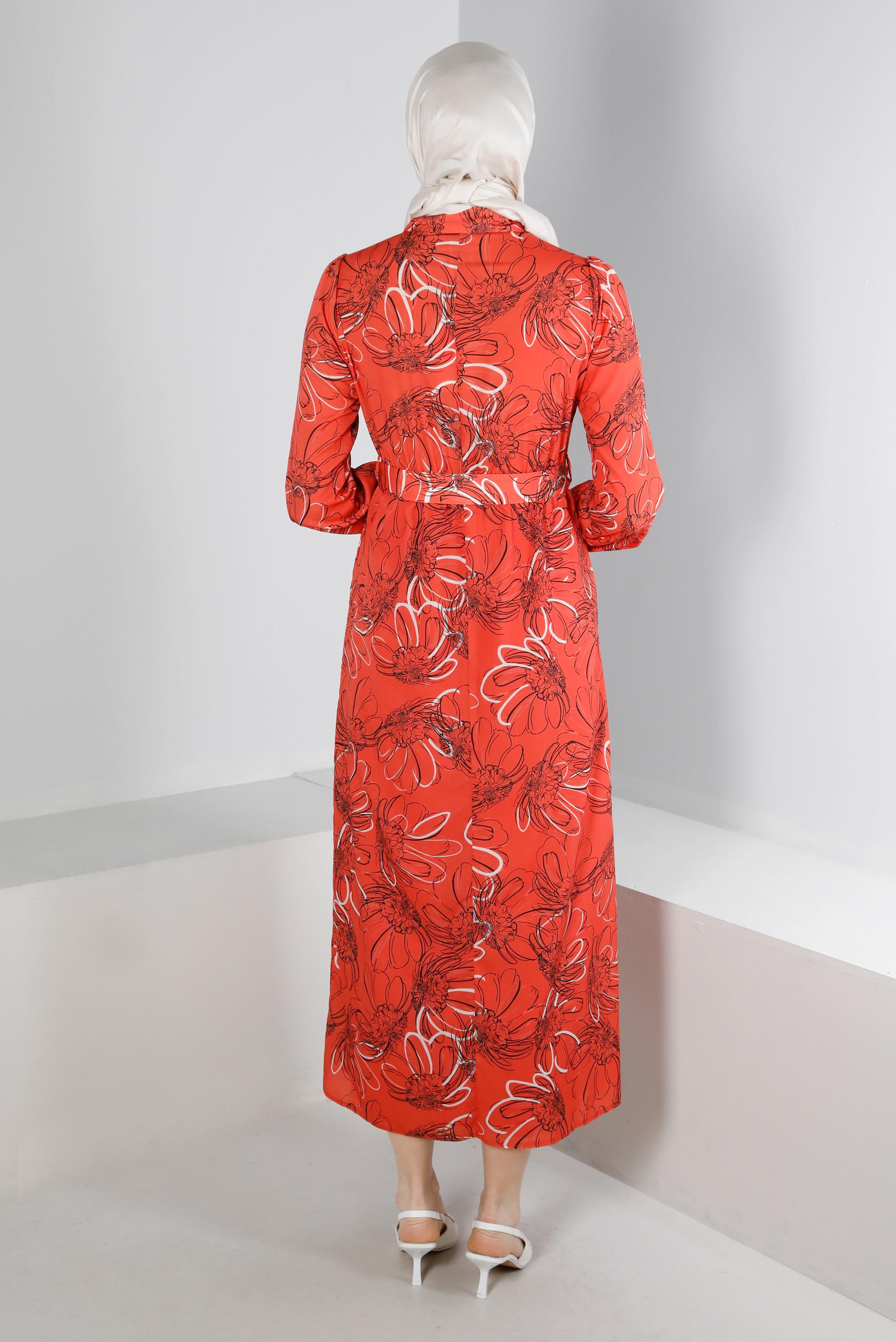 Tesettür giyim MERCAN ÇİÇEK DESENLİ MANŞETLERİ BAĞLAMALI KREP ELBİSE 42890