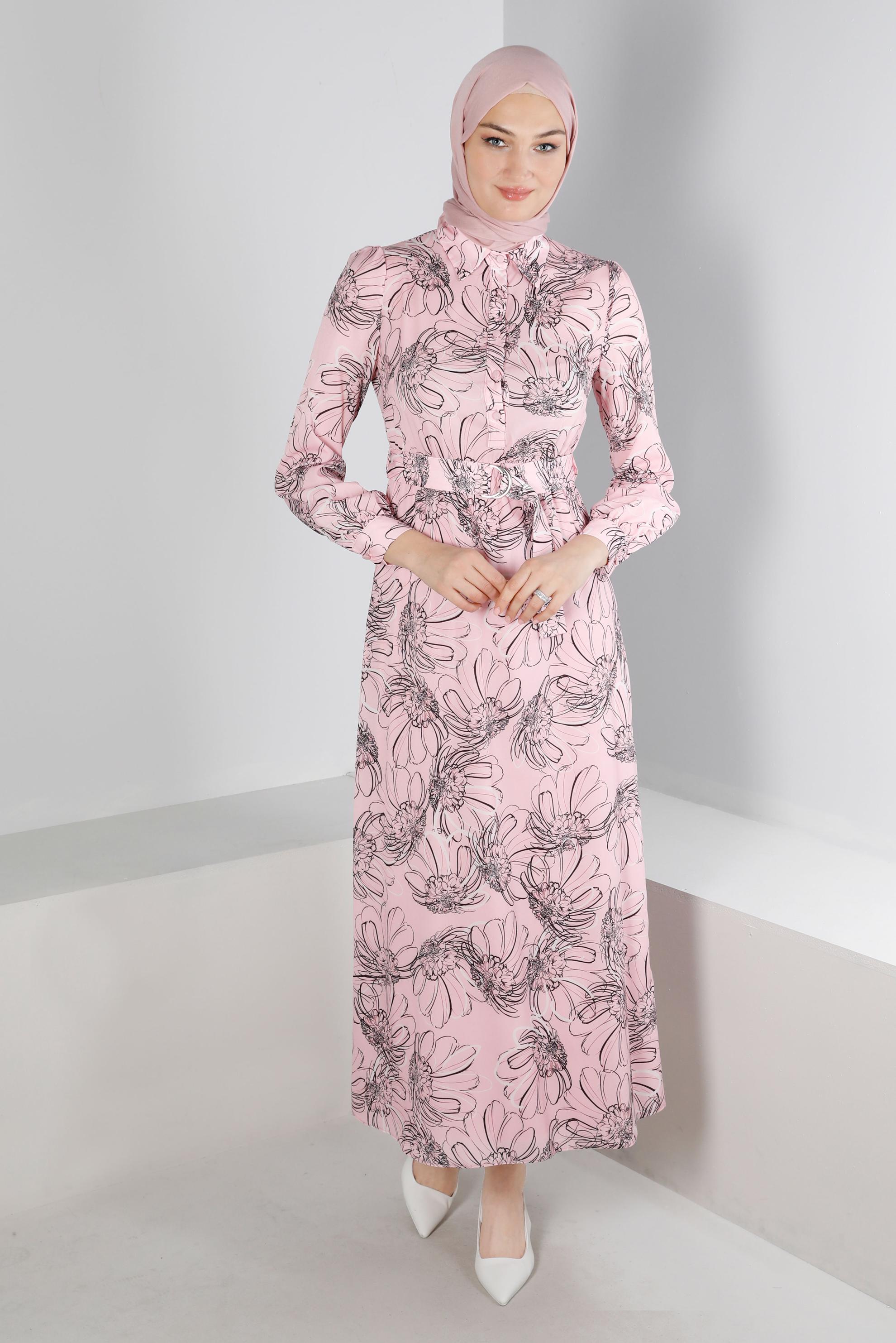 Tesettür giyim PUDRA ÇİÇEK DESENLİ MANŞETLERİ BAĞLAMALI KREP ELBİSE 42890