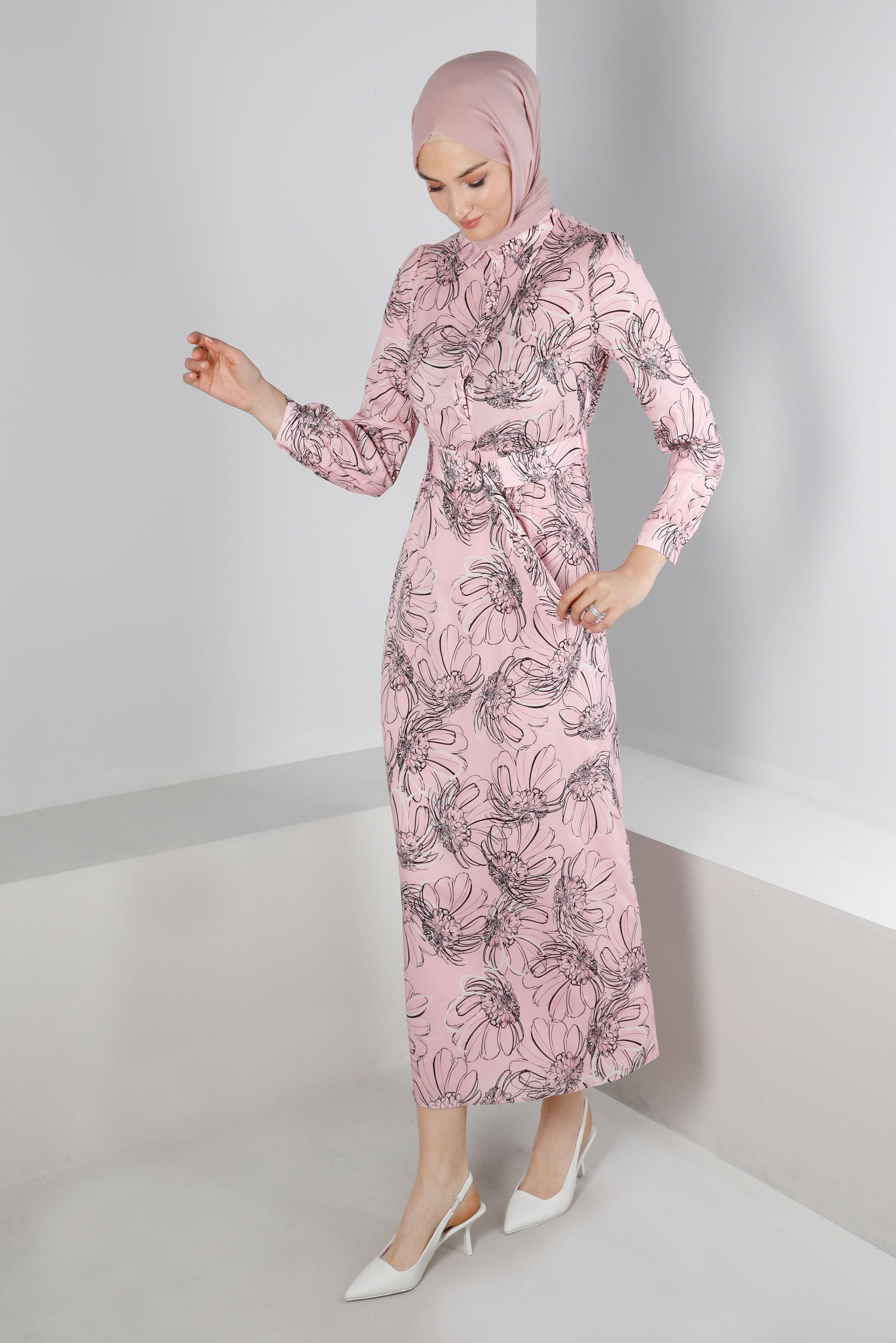 Tesettür giyim PUDRA ÇİÇEK DESENLİ MANŞETLERİ BAĞLAMALI KREP ELBİSE 42890