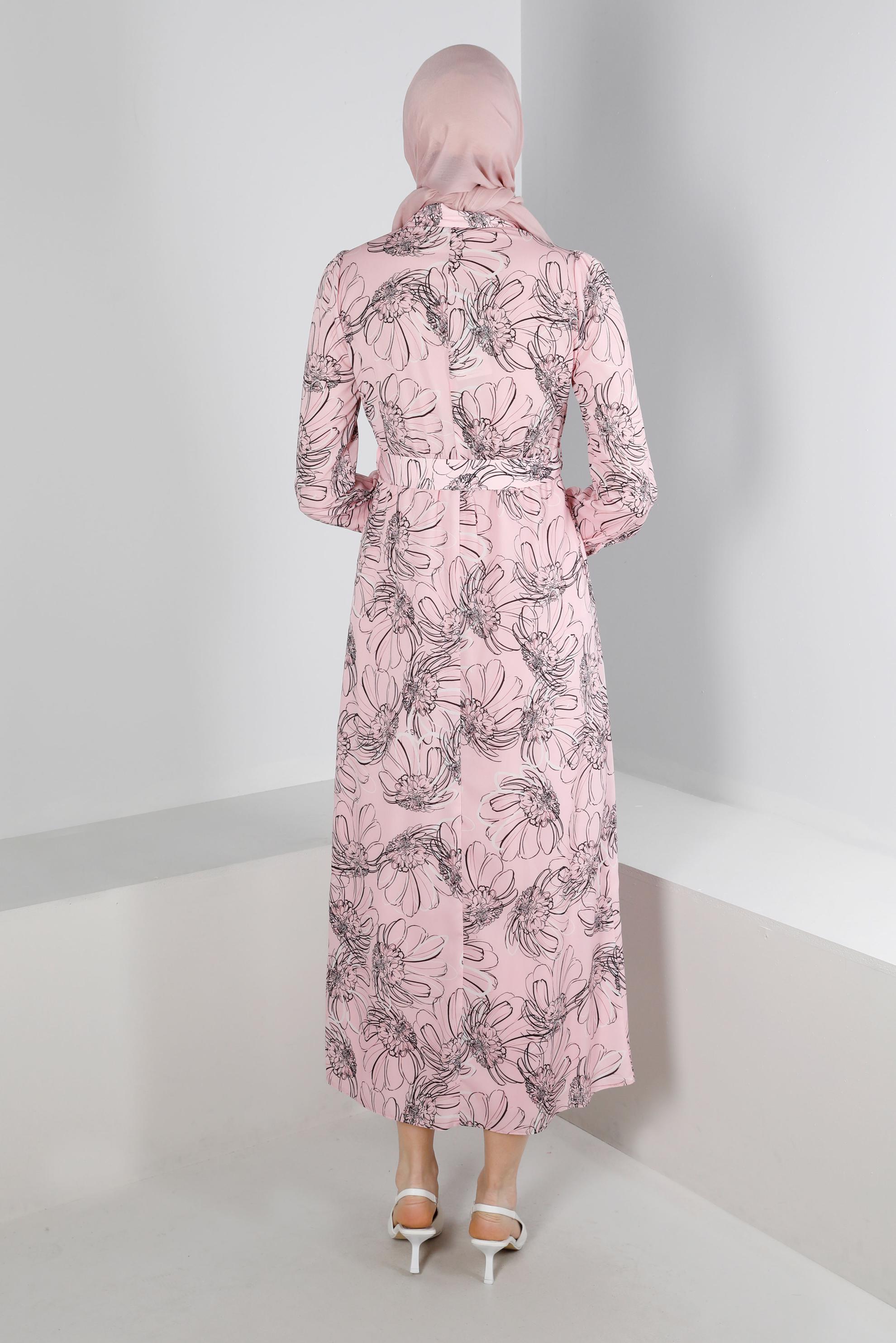 Tesettür giyim PUDRA ÇİÇEK DESENLİ MANŞETLERİ BAĞLAMALI KREP ELBİSE 42890