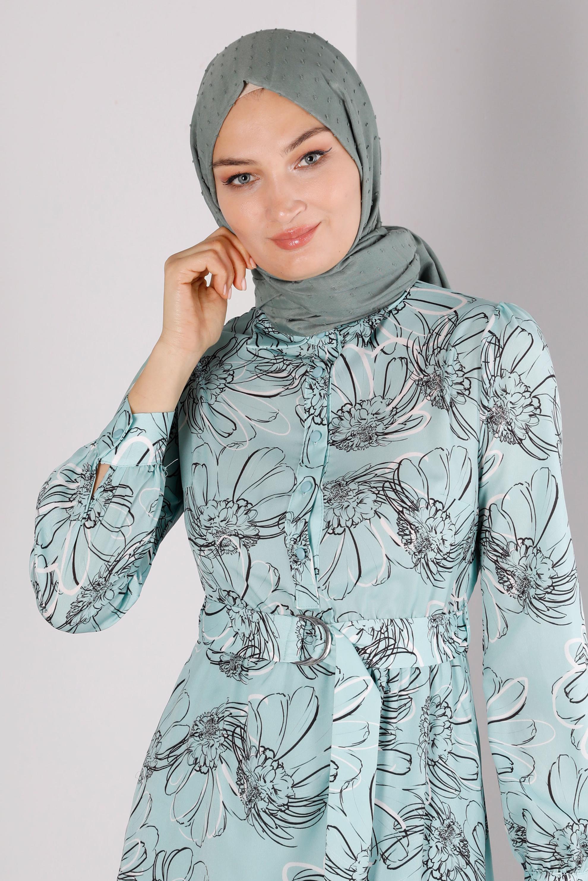 Tesettür giyim YEŞİL ÇİÇEK DESENLİ MANŞETLERİ BAĞLAMALI KREP ELBİSE 42890