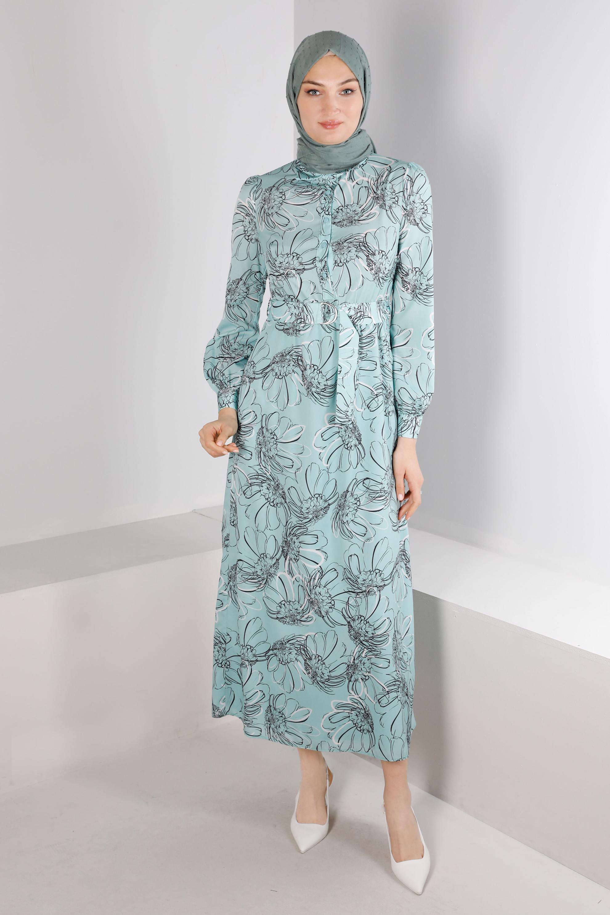 Tesettür giyim YEŞİL ÇİÇEK DESENLİ MANŞETLERİ BAĞLAMALI KREP ELBİSE 42890