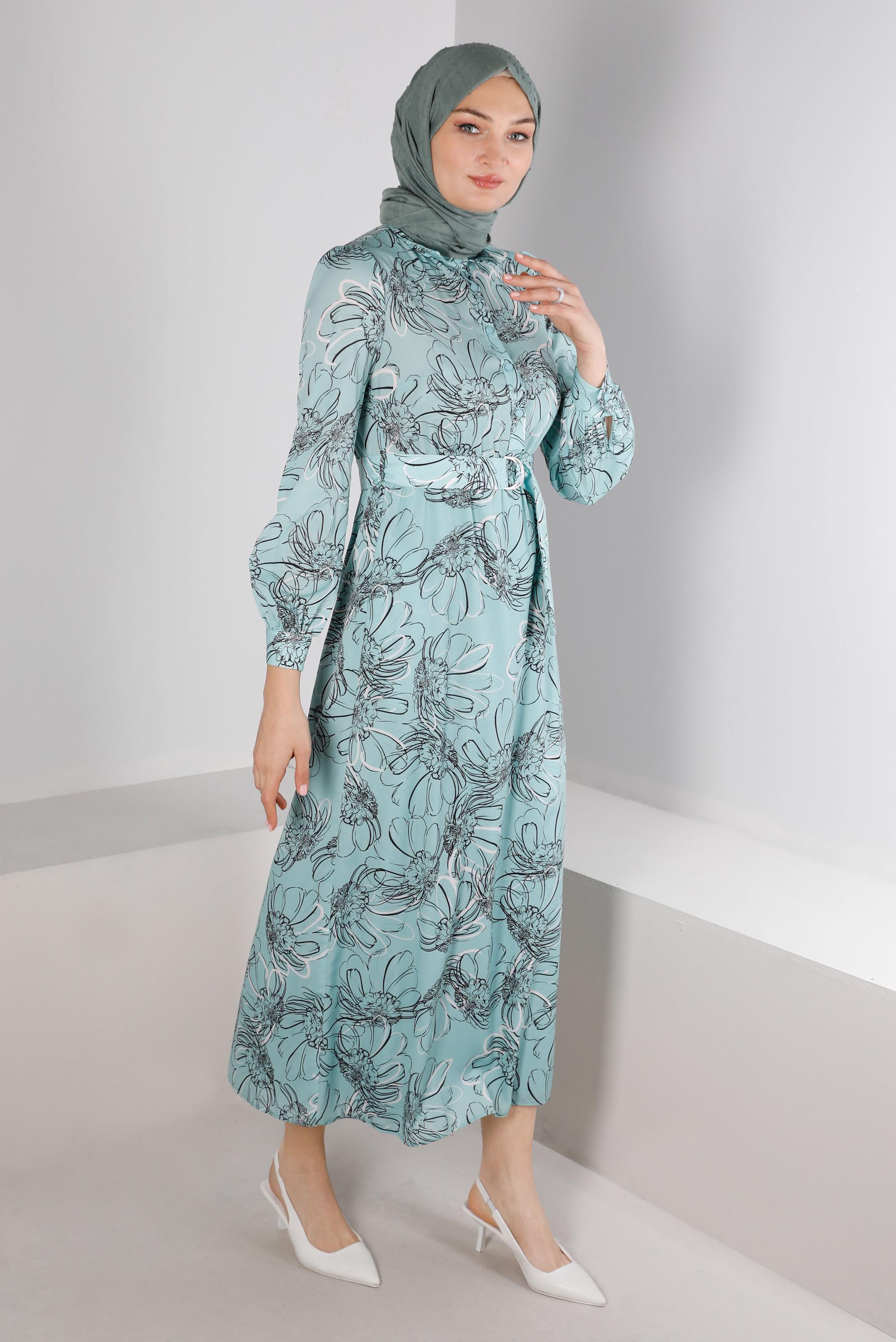 Tesettür giyim YEŞİL ÇİÇEK DESENLİ MANŞETLERİ BAĞLAMALI KREP ELBİSE 42890