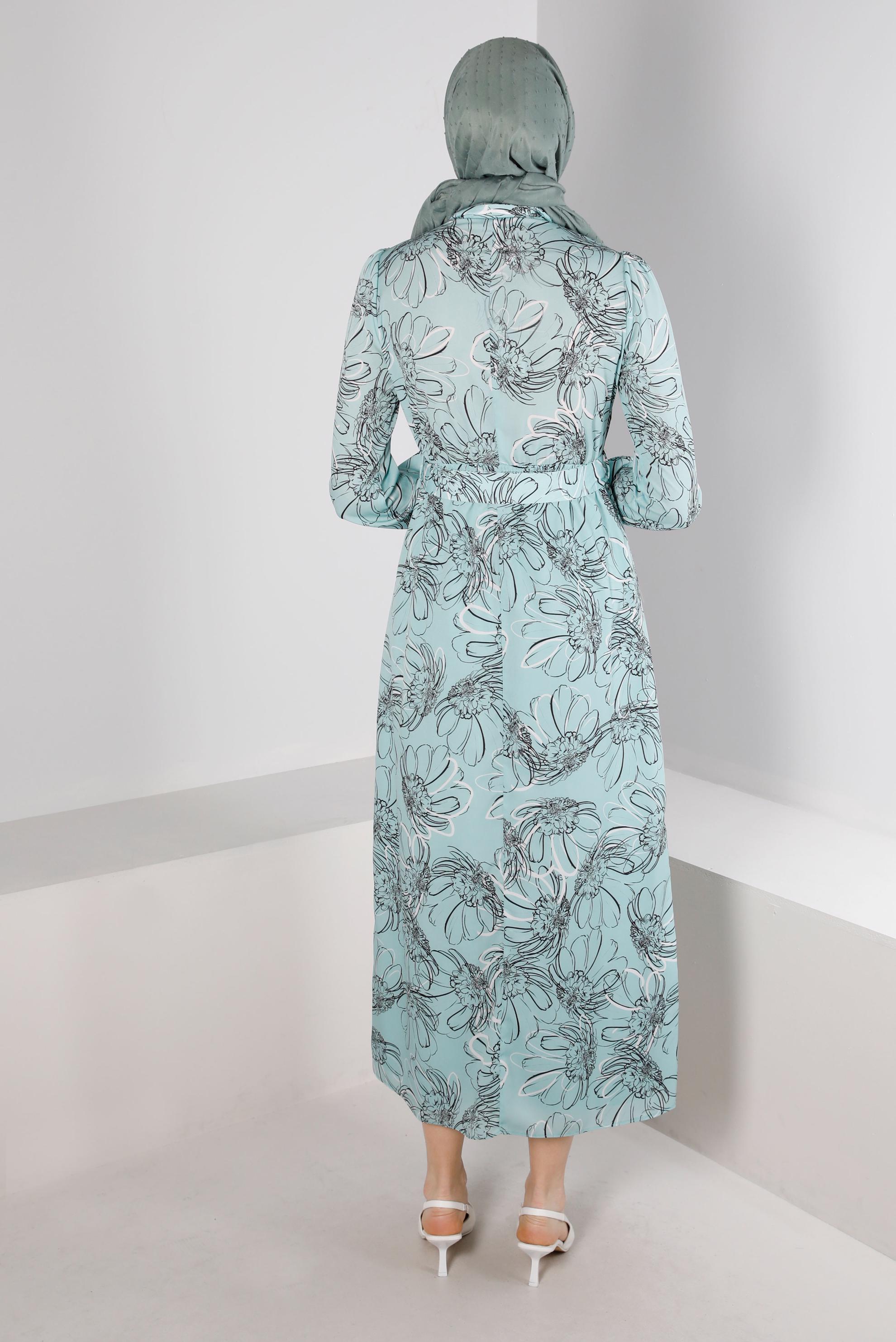 Tesettür giyim YEŞİL ÇİÇEK DESENLİ MANŞETLERİ BAĞLAMALI KREP ELBİSE 42890