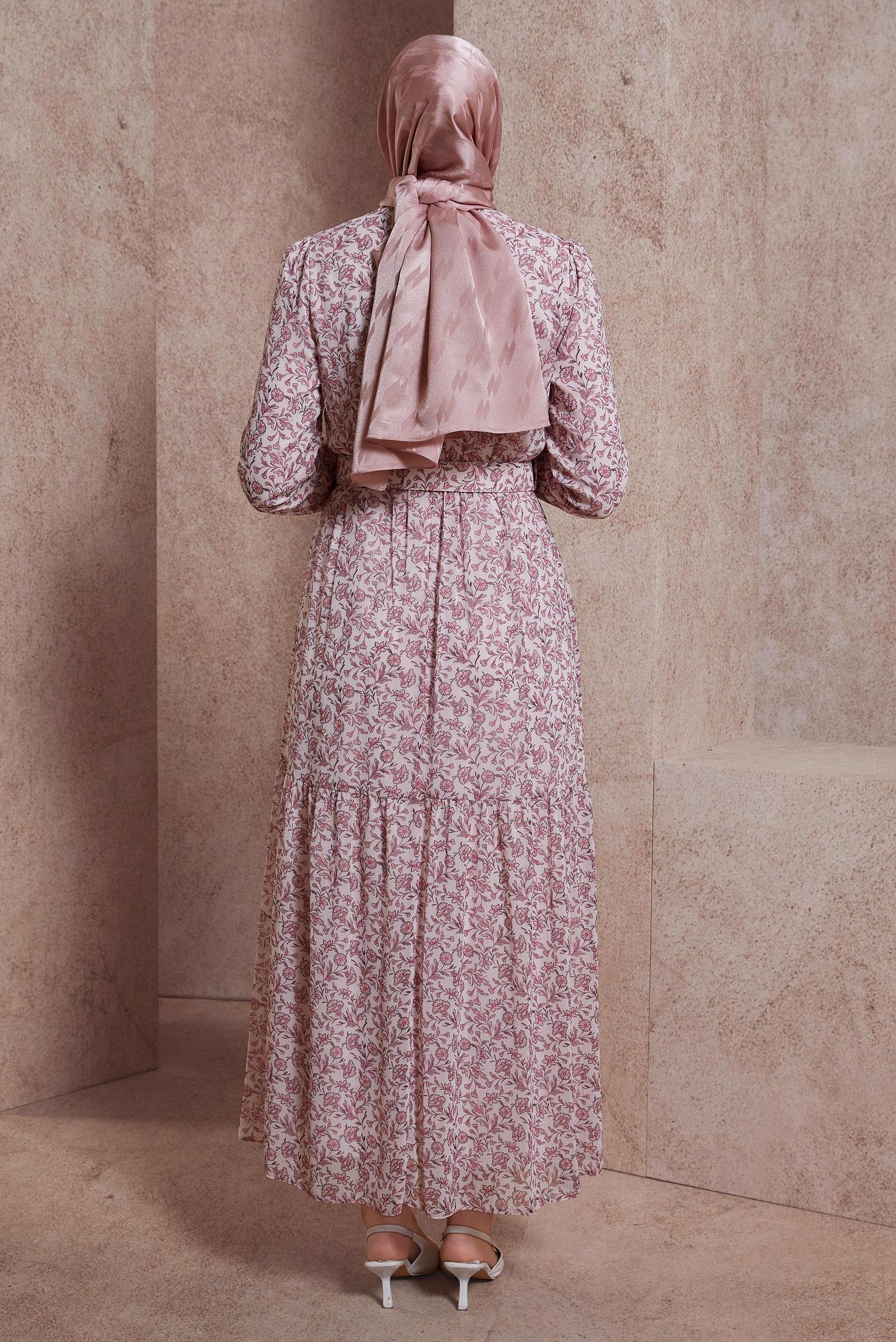 Tesettür giyim PEMBE KEMERLİ ÇİÇEK DESENLİ ELBİSE 42891