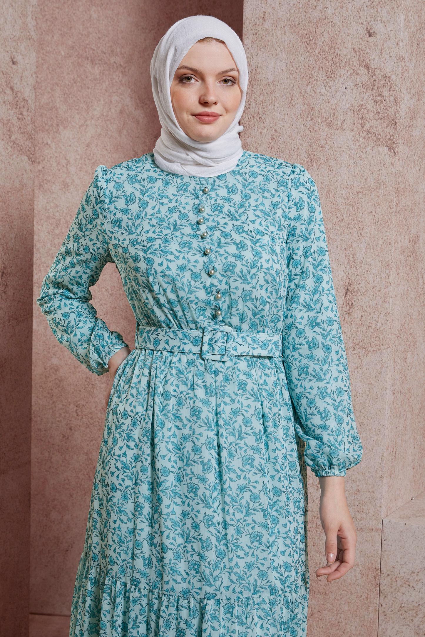 Tesettür giyim YEŞİL KEMERLİ ÇİÇEK DESENLİ ELBİSE 42891