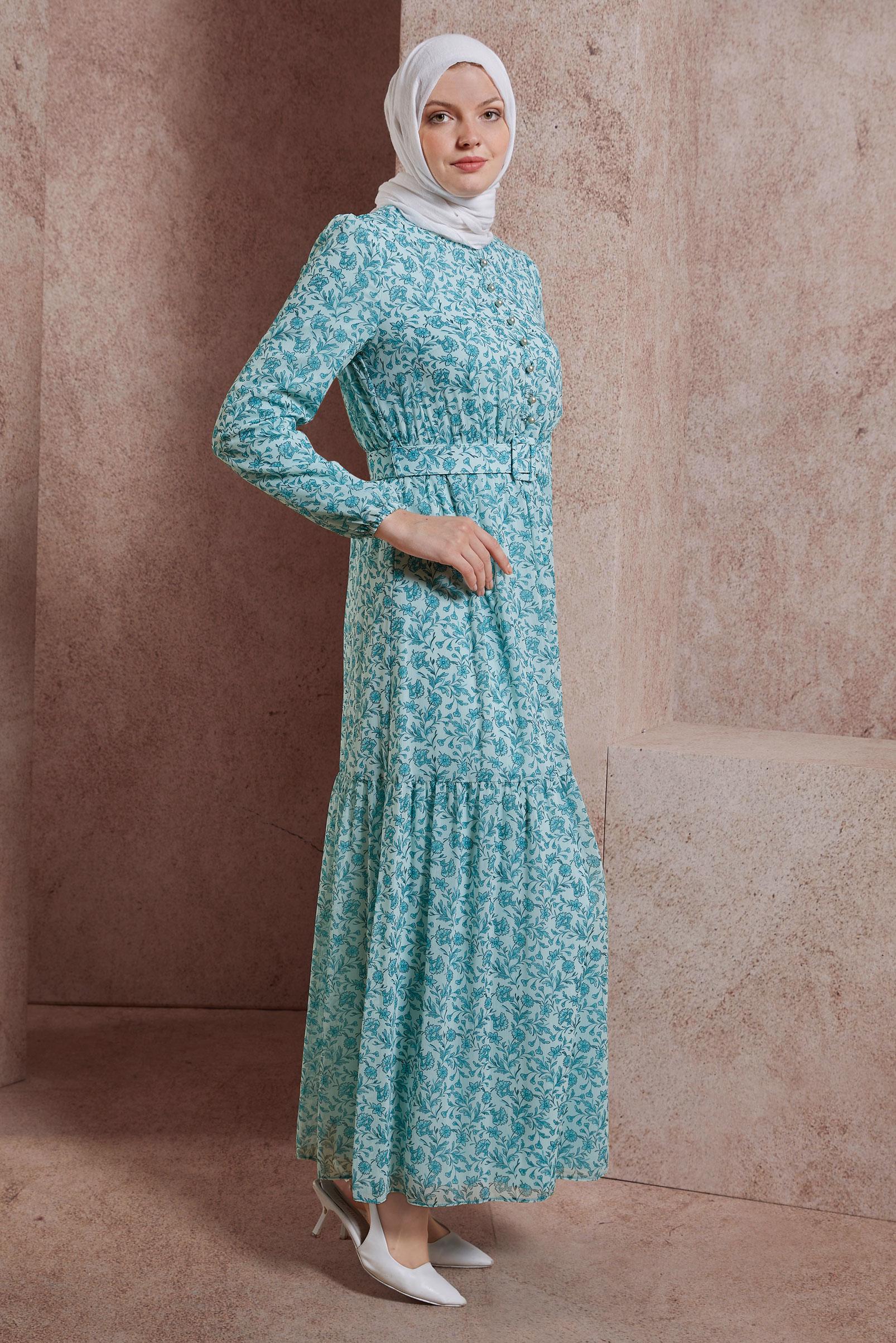 Tesettür giyim YEŞİL KEMERLİ ÇİÇEK DESENLİ ELBİSE 42891