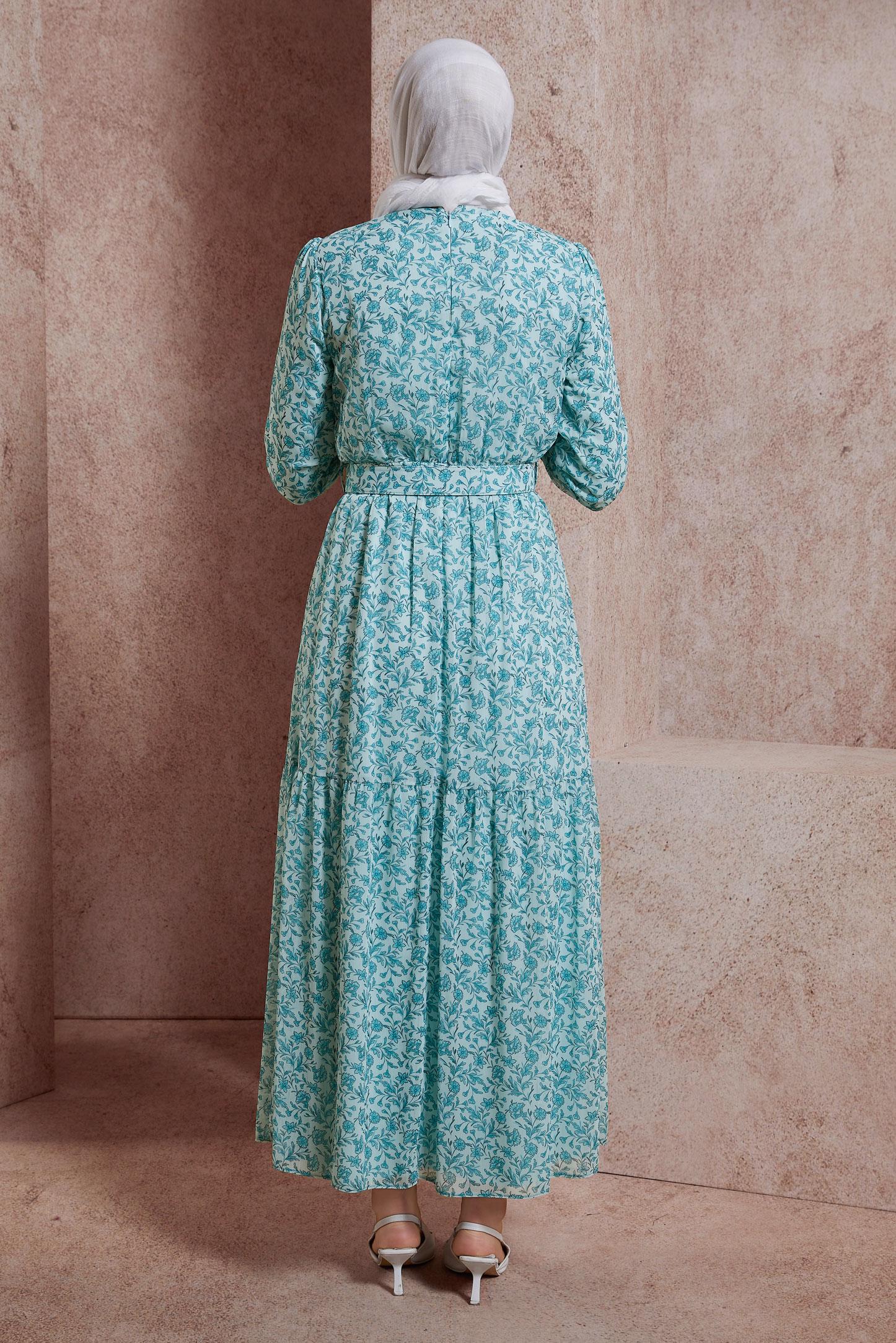 Tesettür giyim YEŞİL KEMERLİ ÇİÇEK DESENLİ ELBİSE 42891