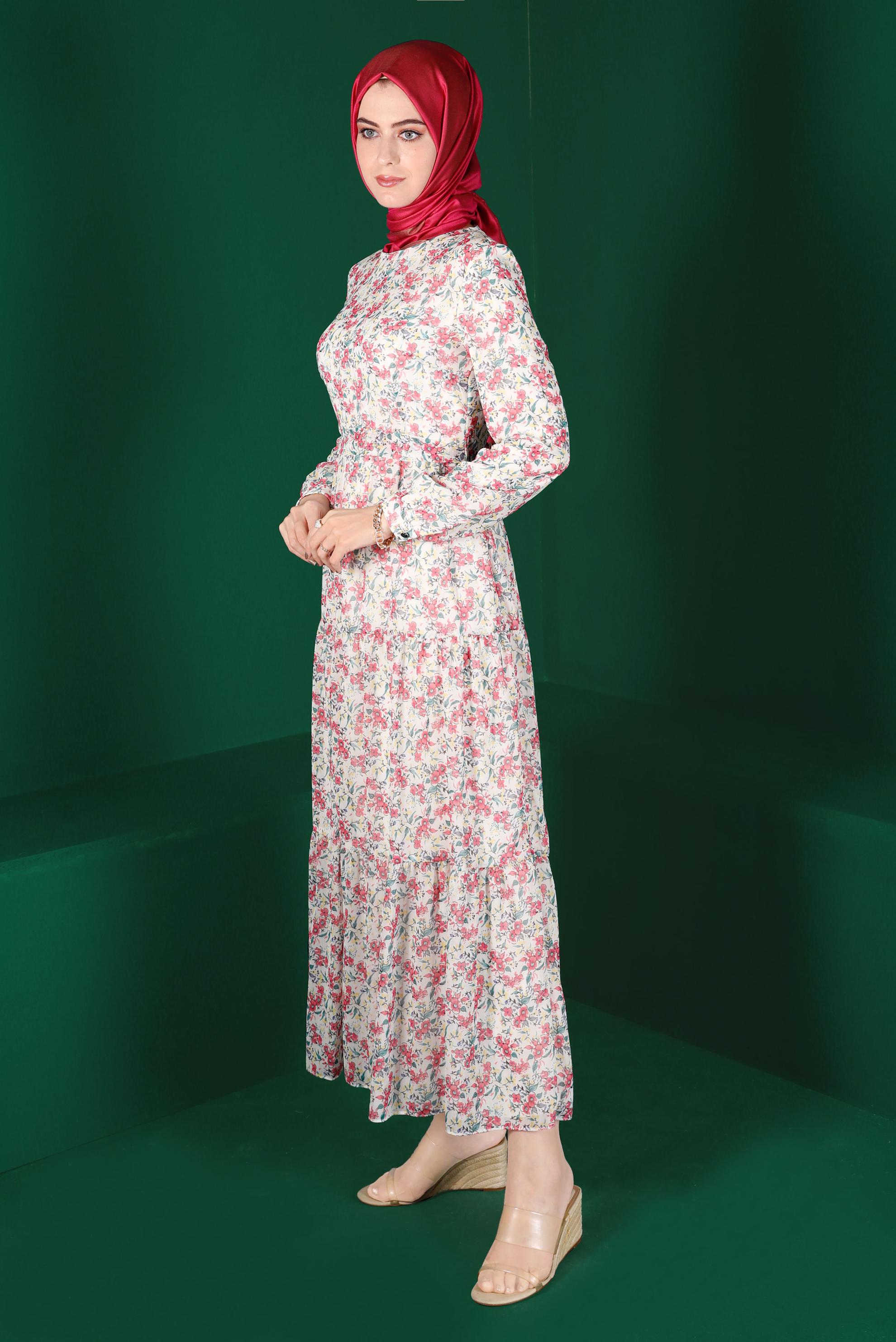 Tesettür giyim FUŞYA KUŞAKLI ÇİÇEK DESENLİ ELBİSE 42892 