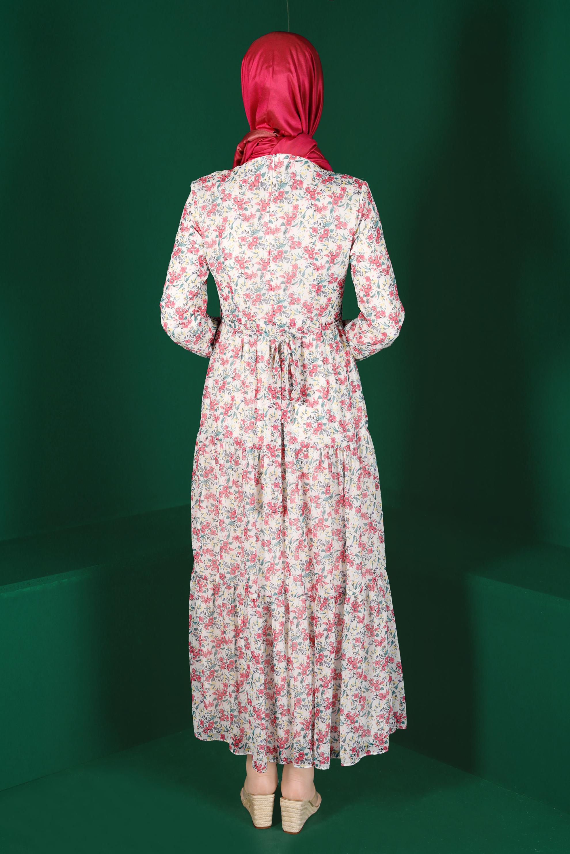 Tesettür giyim FUŞYA KUŞAKLI ÇİÇEK DESENLİ ELBİSE 42892 