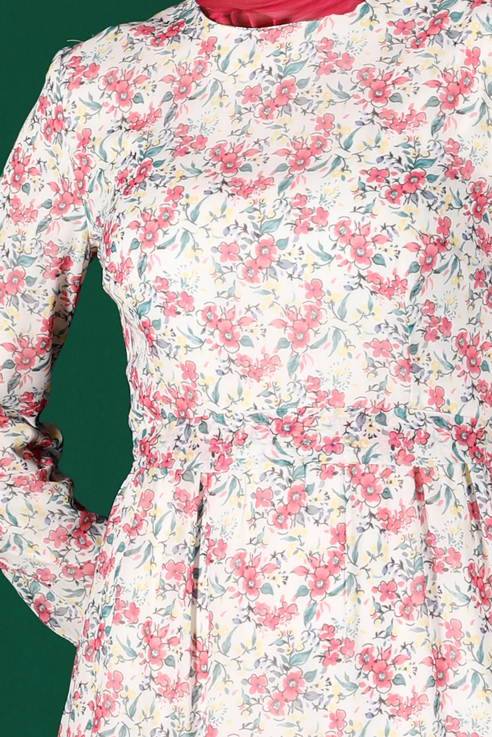 Tesettür giyim FUŞYA KUŞAKLI ÇİÇEK DESENLİ ELBİSE 42892 