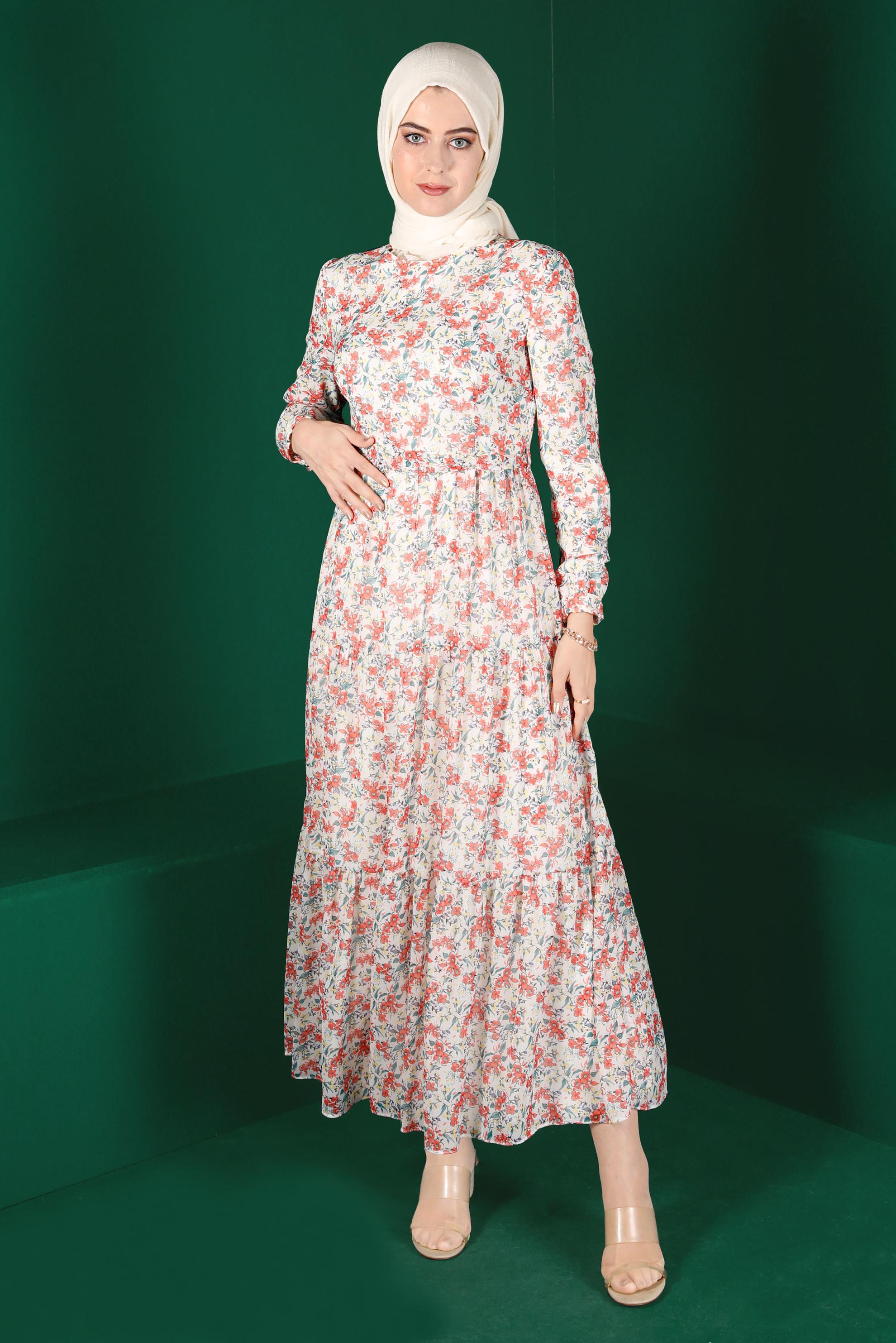 Tesettür giyim MERCAN KUŞAKLI ÇİÇEK DESENLİ ELBİSE 42892 