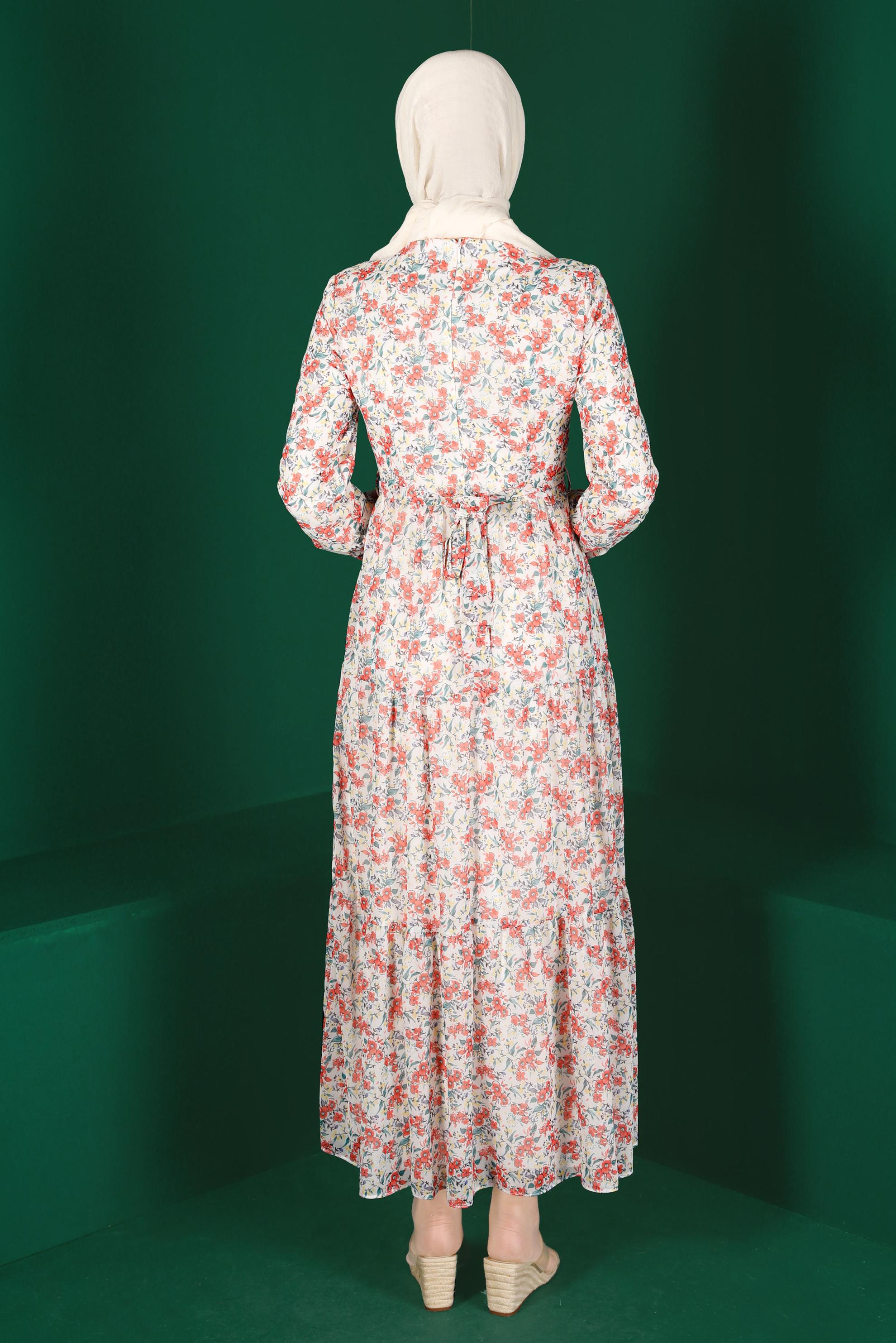 Tesettür giyim MERCAN KUŞAKLI ÇİÇEK DESENLİ ELBİSE 42892 